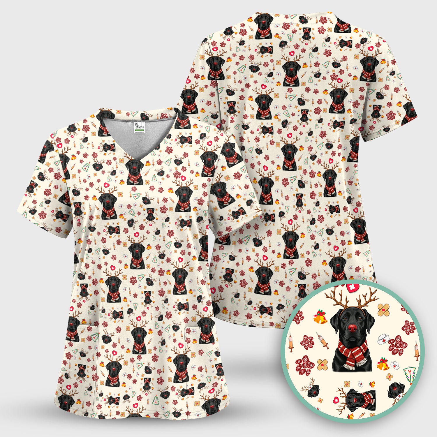 Black Lab Christmas Scrub Top - Funny Labrador Nurse Shirt - Cute Holiday Medical Uniform for Women RN LPN CNA Gift