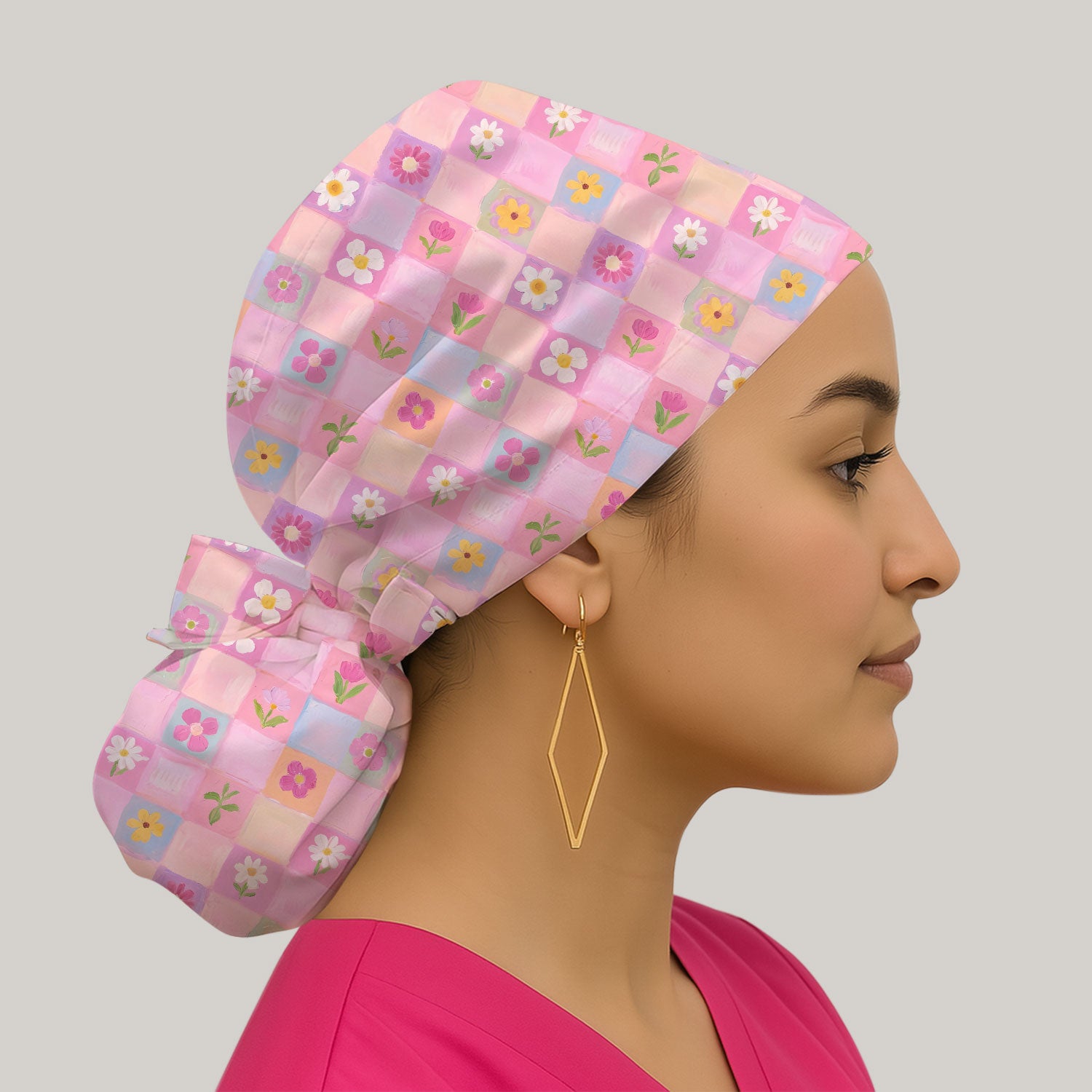 Lovely Pastel Floral Patchwork Pattern Scrub Cap, Breathable Fabrics Caps Uniform