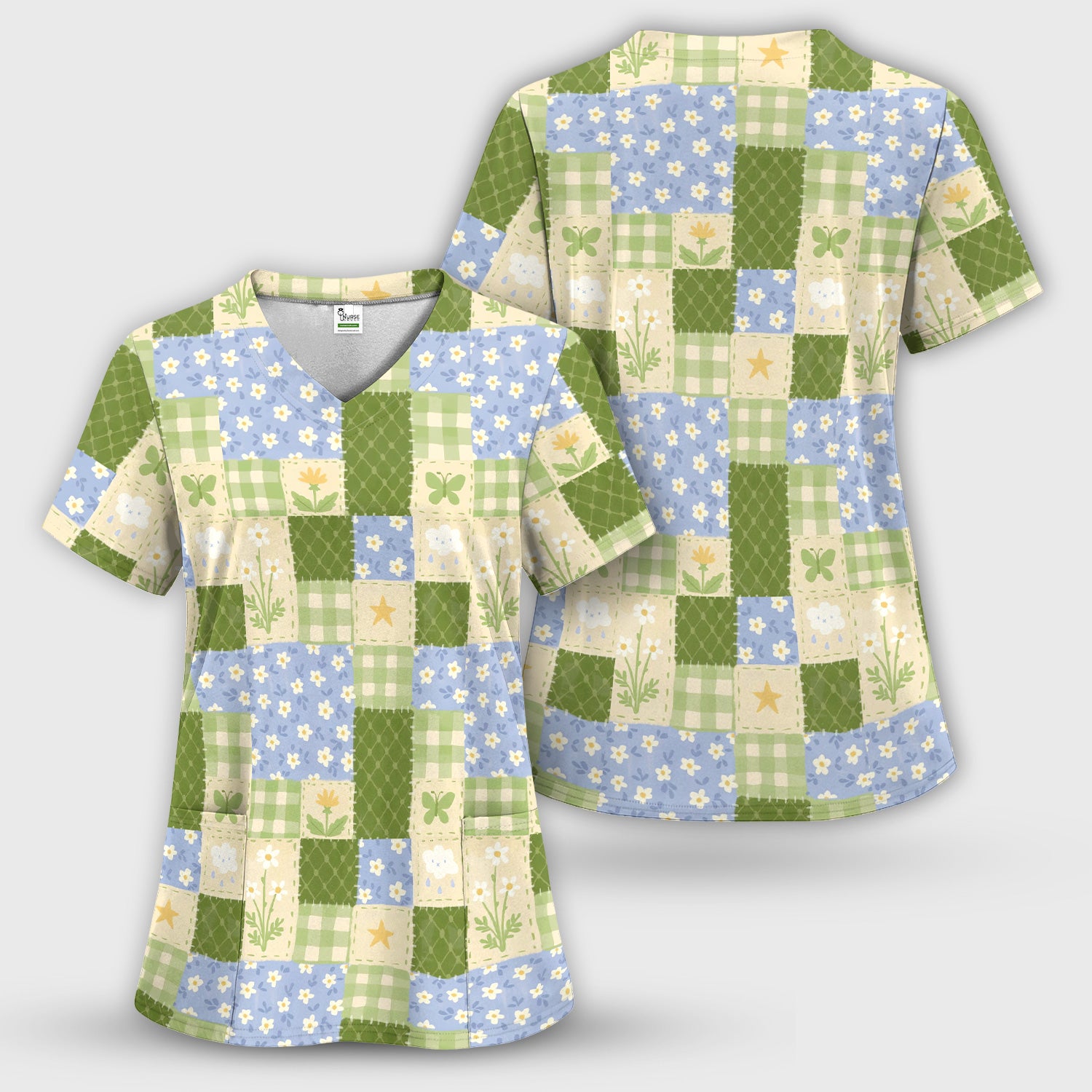 Green Patchwork Clover Floral Pattern Scrub Set, Scrub Pants and V Neck Top