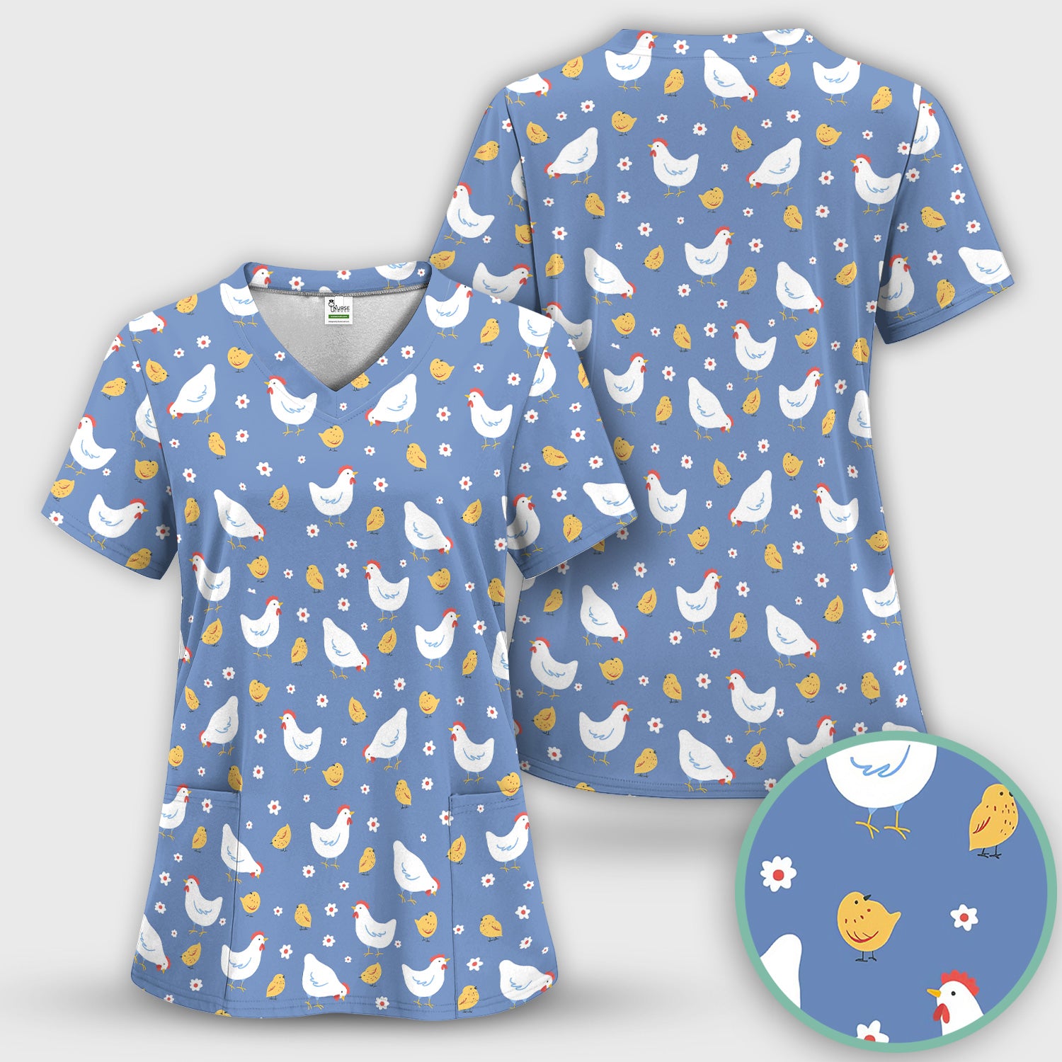 Chicken And Cute Chicks Pattern Scrubs Top, Comfortable Scrubs for Nurses