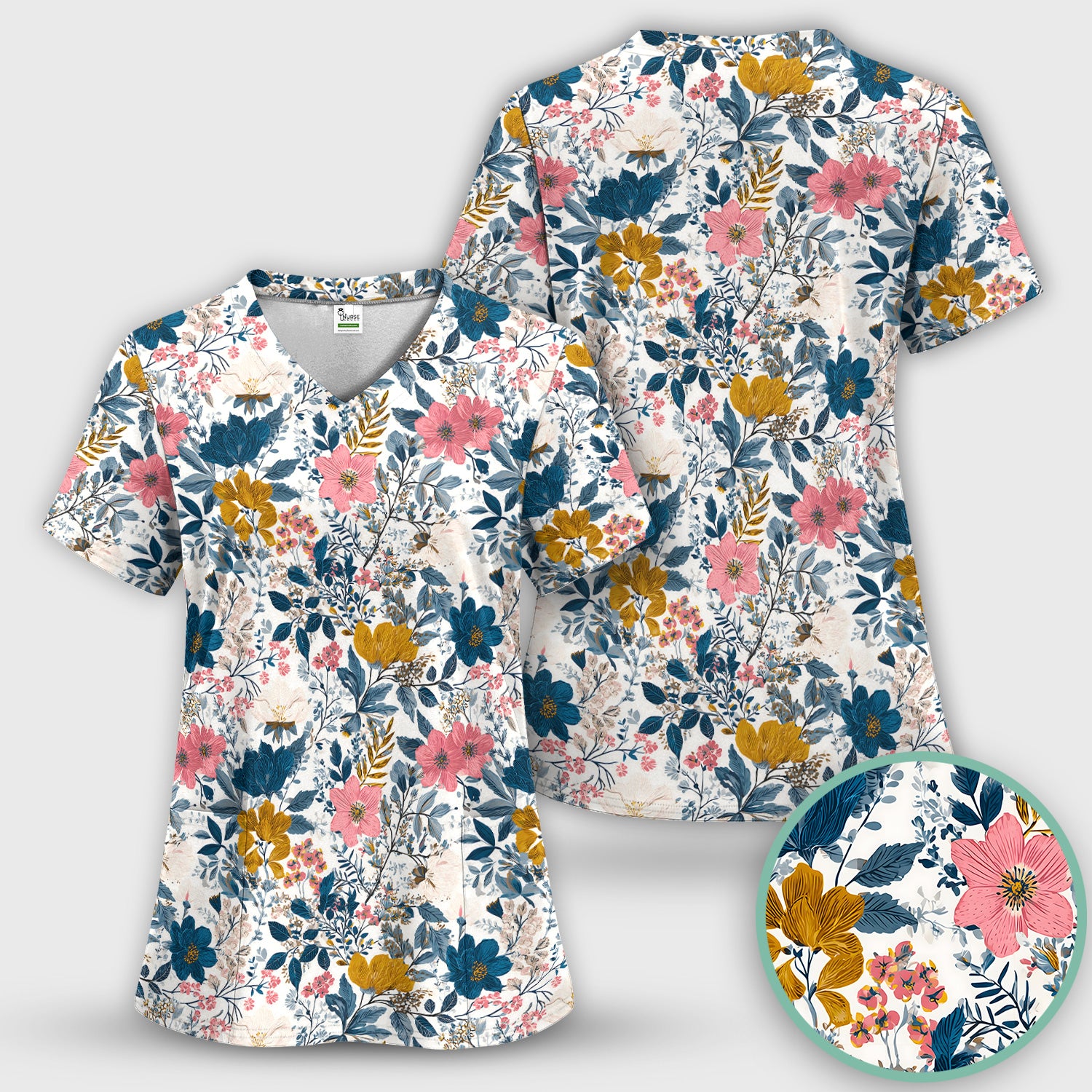 Elegant Floral Garden Bloom Pattern Scrub Set, Scrub Pants and V Neck Top