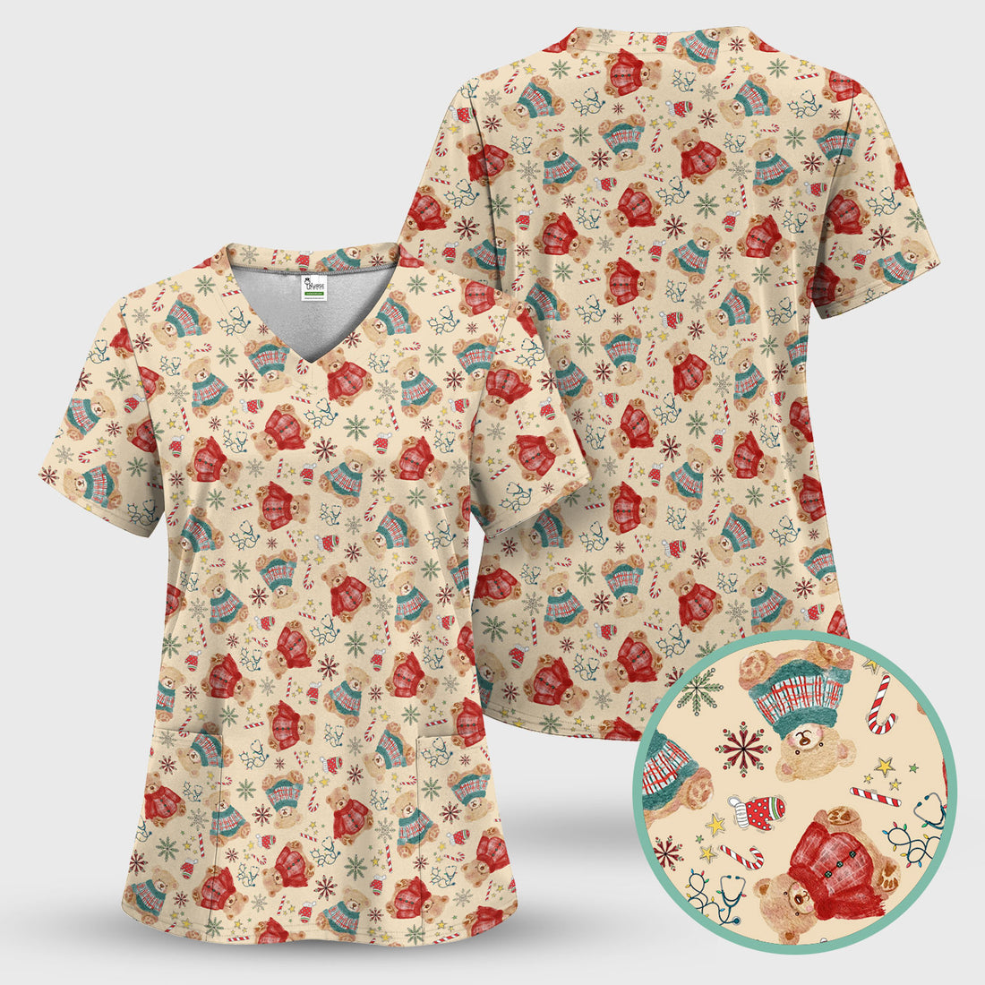 Christmas Bear Scrub Top - Cute Holiday Teddy Print Scrubs for Nurses - Funny Xmas Medical Scrub Shirt Gift for Women CNA RN