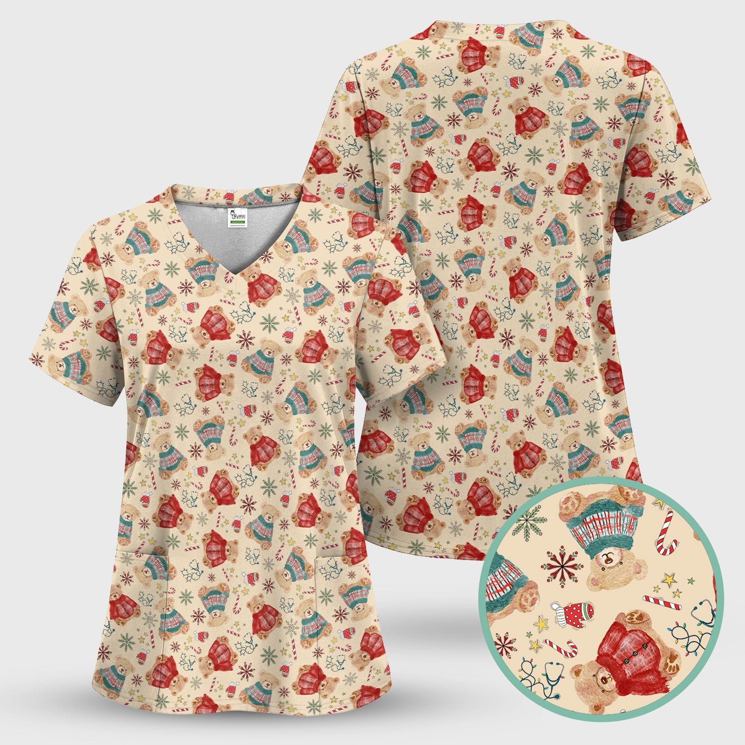 Christmas Bear Scrub Top - Cute Holiday Teddy Print Scrubs for Nurses - Funny Xmas Medical Scrub Shirt Gift for Women CNA RN