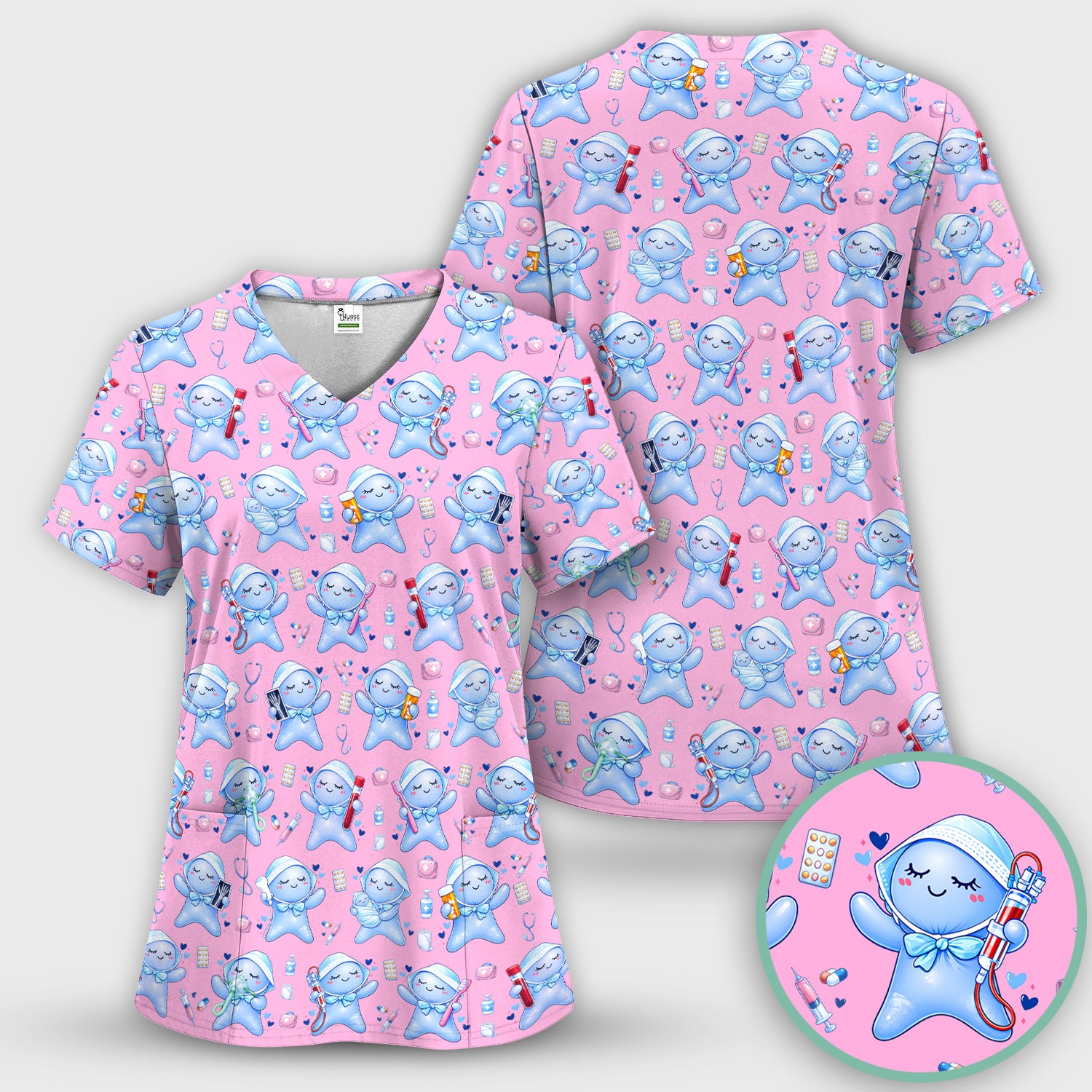 Cute Tooth Character Dental Tools Caring Pattern Scrub Set, Breathable Med Uniform