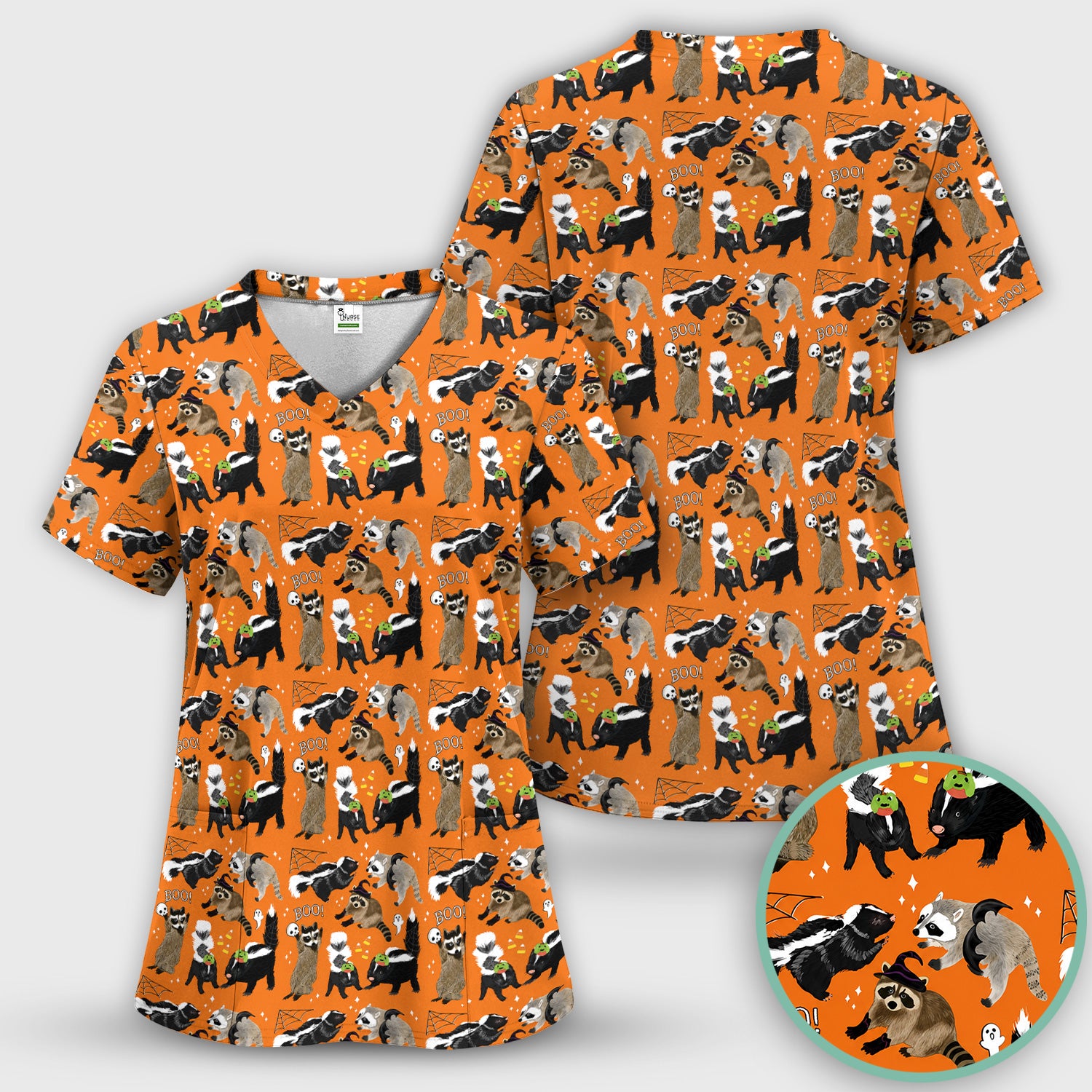 Halloween Wildlife with Skunk Raccoon Pattern Scrub Top, Comfortable Scrubs for Nurses