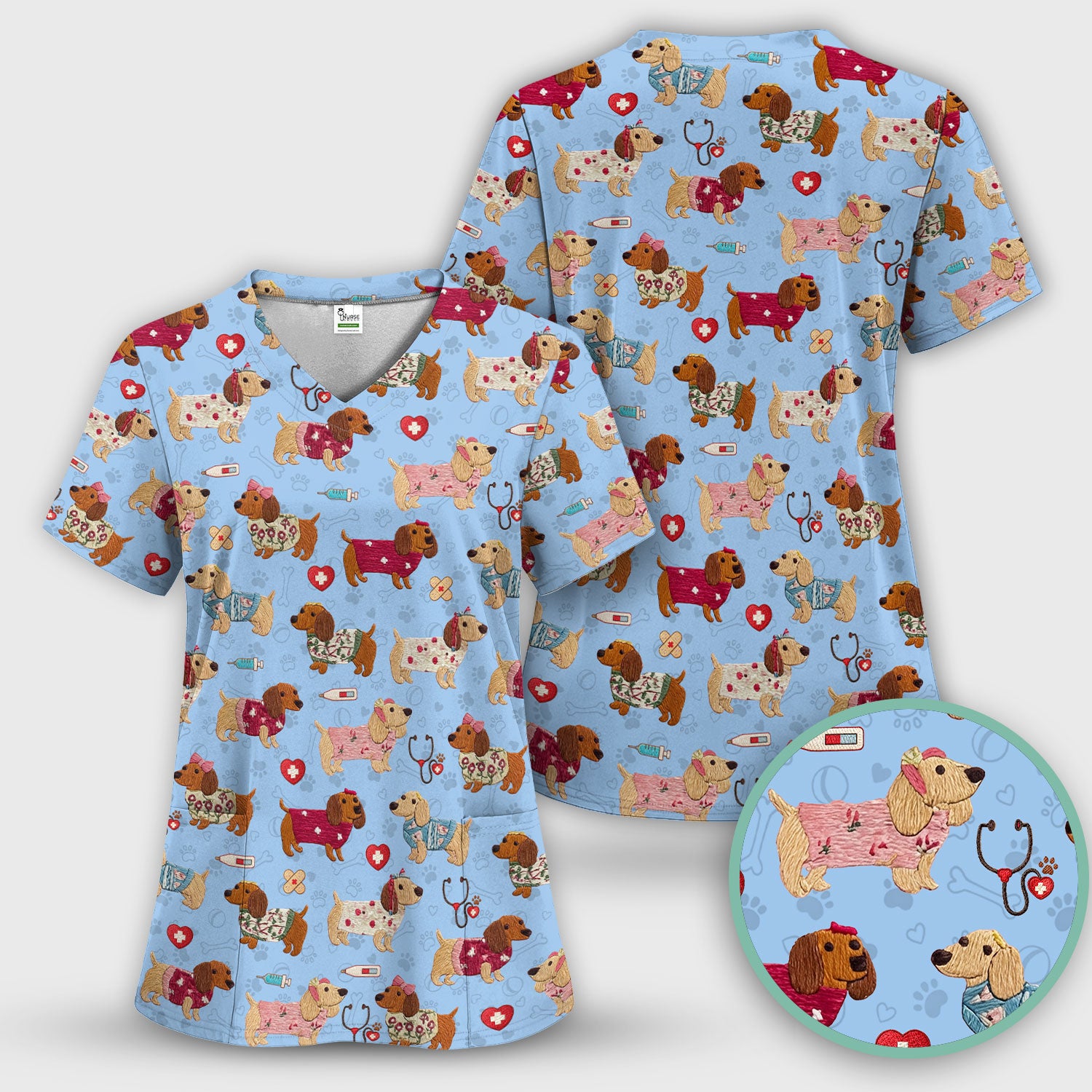 Cute Medical Wiener Dog Pattern Nurse Shirt, Dachshund Nursing Scrub Top, Breathable Fabrics Nursing Uniform