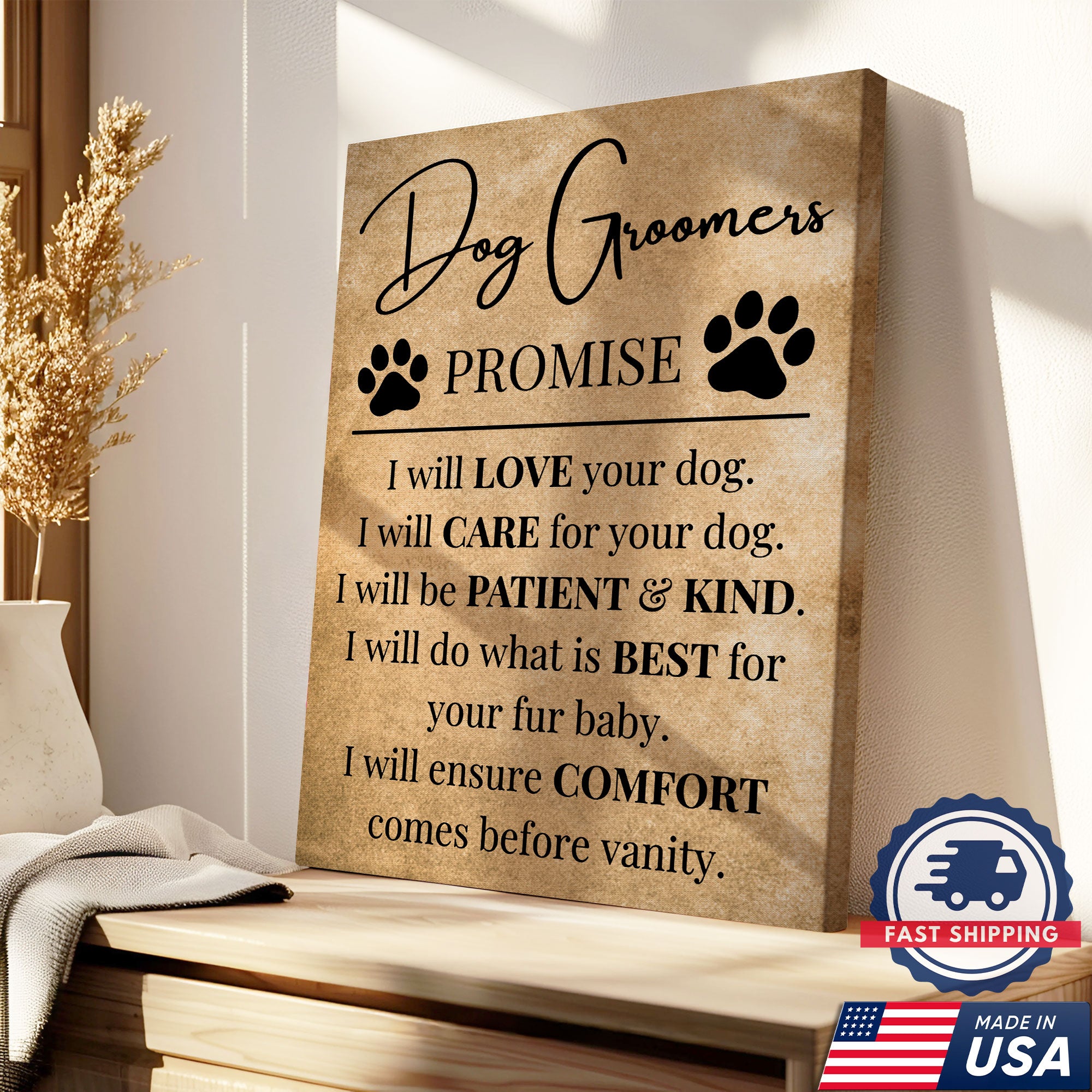 Dog Groomers Promise Inspirational Canvas, Dog Lover Wall Art, Pet Groomer Gift