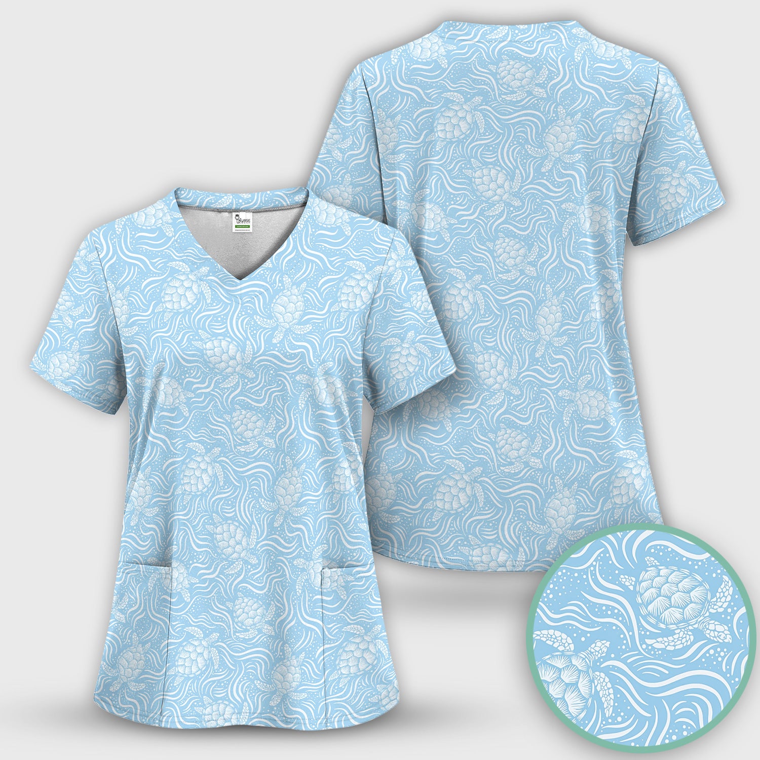 Cute Ocean Sea Turtle Waves Pattern Scrub Top, Comfortable Scrubs for Nurses