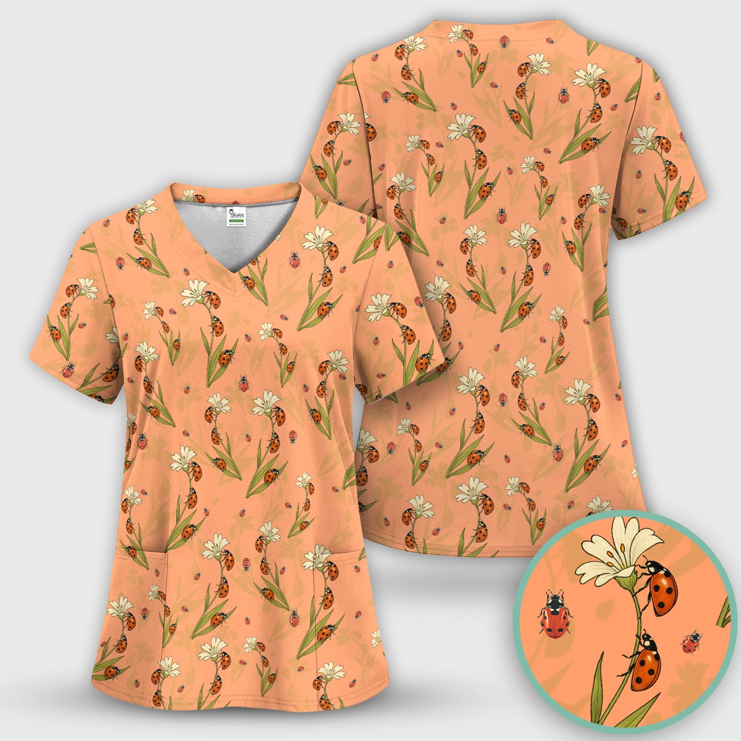 Fresh Daisy Ladybug Garden Pattern Scrub Top, Comfortable Scrubs For Nurses