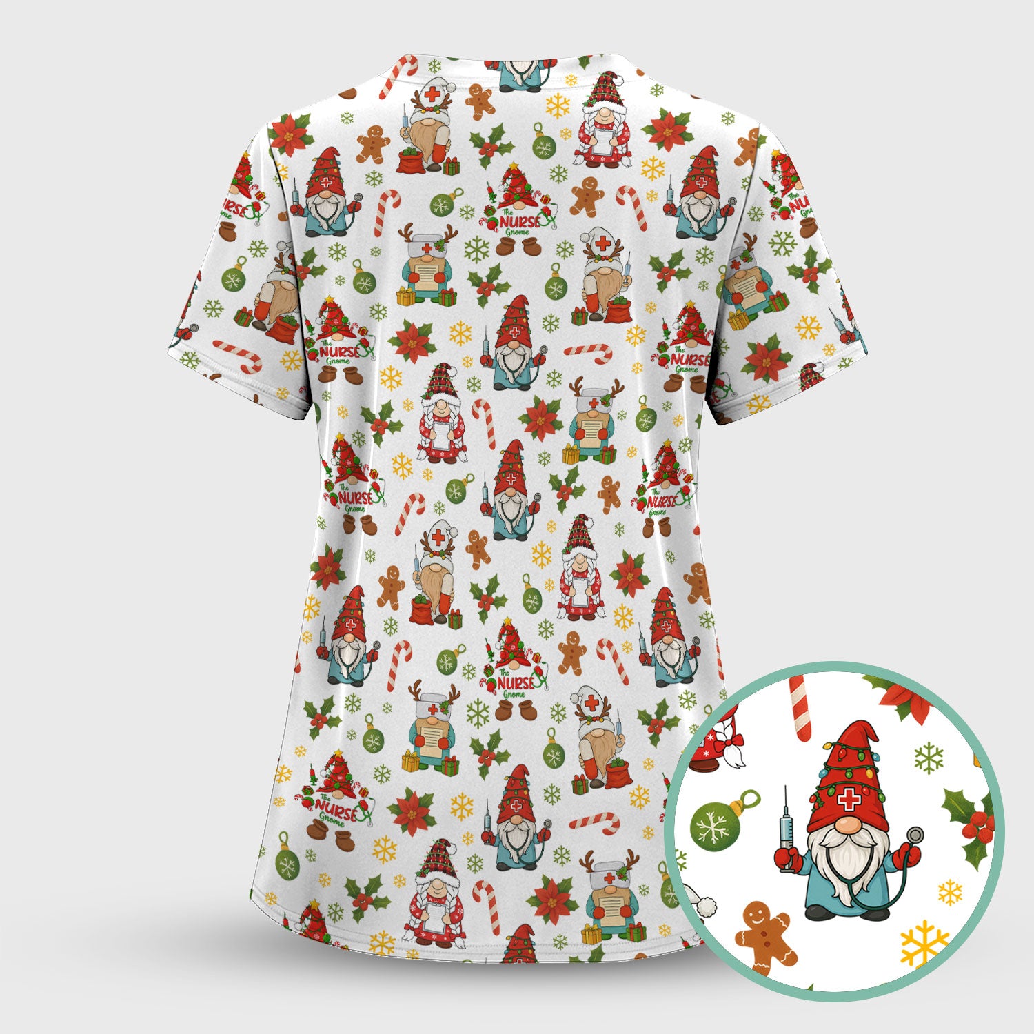 Christmas Gnome Nurse Scrub Top - Cute Holiday Santa Reindeer Print Scrubs - Funny Xmas Medical Scrub Shirt Gift for Women, CNA, RN, Doctor