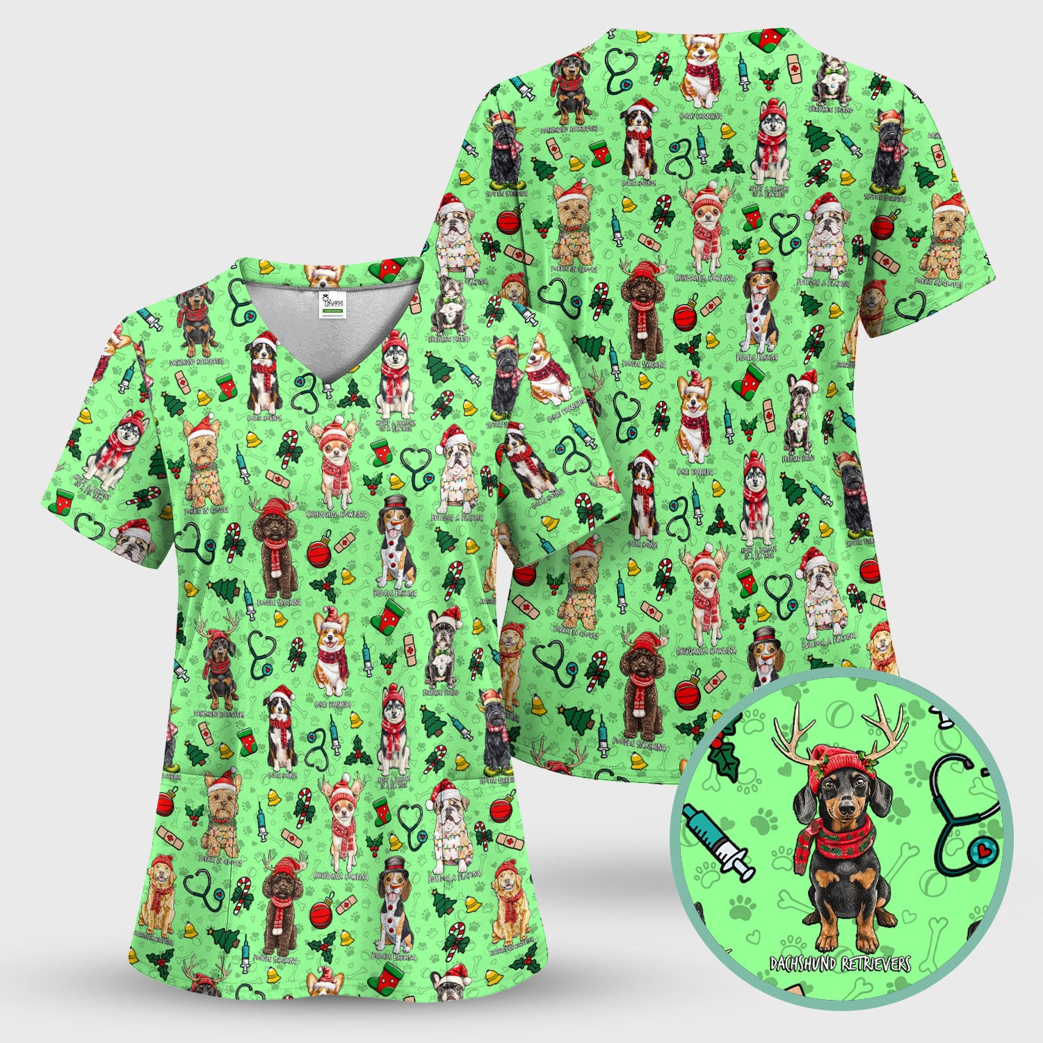 Cute Christmas Dog Scrubs for Nurses - Corgi, Dachshund, Husky, Poodle & Labrador - Funny Holiday Medical Scrub Top for Women