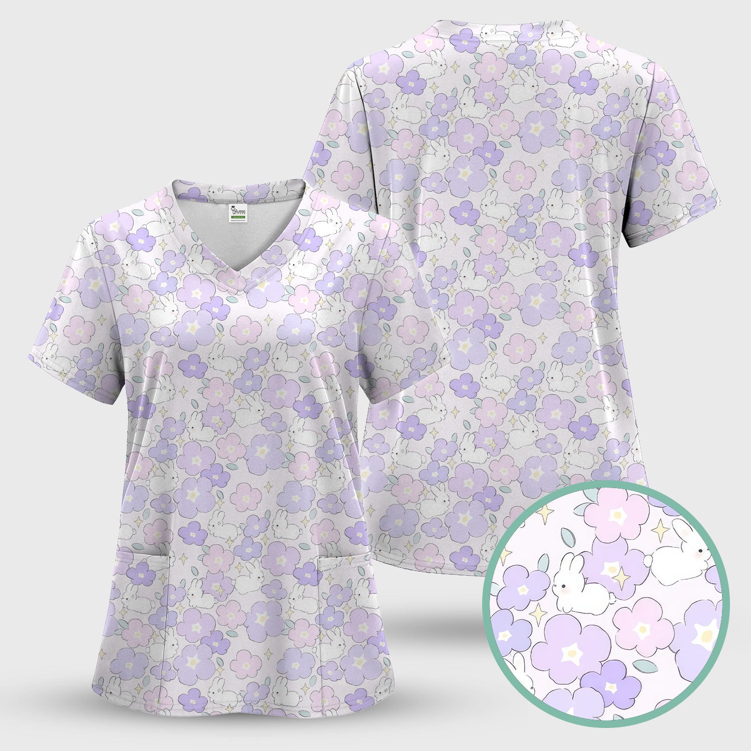 Cute Bunny Floral Pastel Pattern Scrub Top, Breathable Fabrics Nursing Uniform