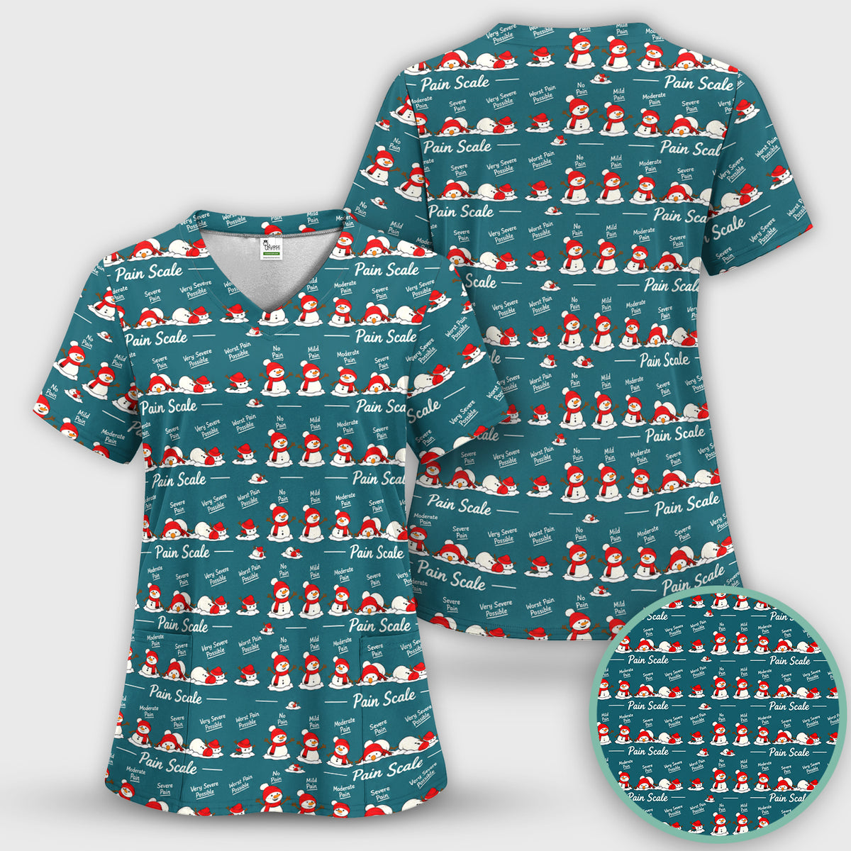 Funny Christmas Snowman Pain Scale Scrub Set, Scrub Pants and V Neck Top
