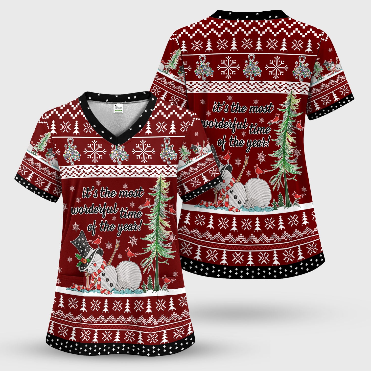 Snowman Christmas Scrub Top, Funny Holiday Nurse Shirt, It's The Most Wonderful Time Of The Year Uniform FOr Nursing