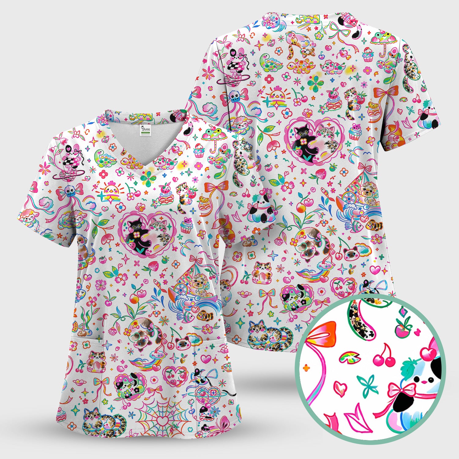 Colorful Kawaii Cat Heart Doodle Pattern Scrub Top, Comfortable Scrubs for Nurses