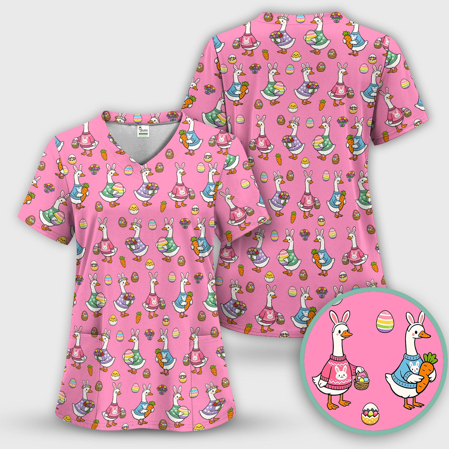 Cute Easter Goose Pattern Scrub Top, Breathable Fabrics Nursing Uniform