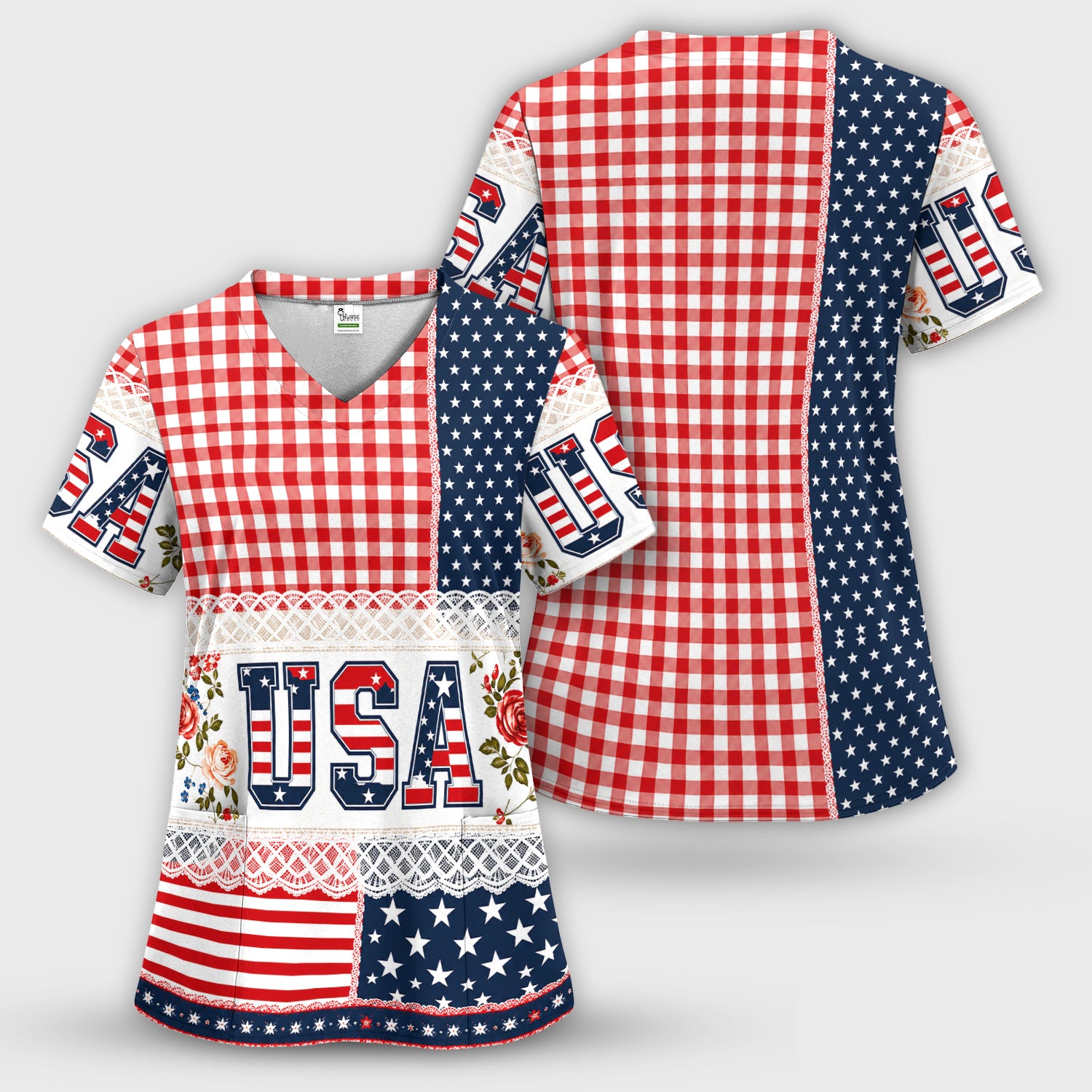 Patriotic Patchwork with USA Flag Pattern Scrub Top, Comfortable Scrubs for Nurses