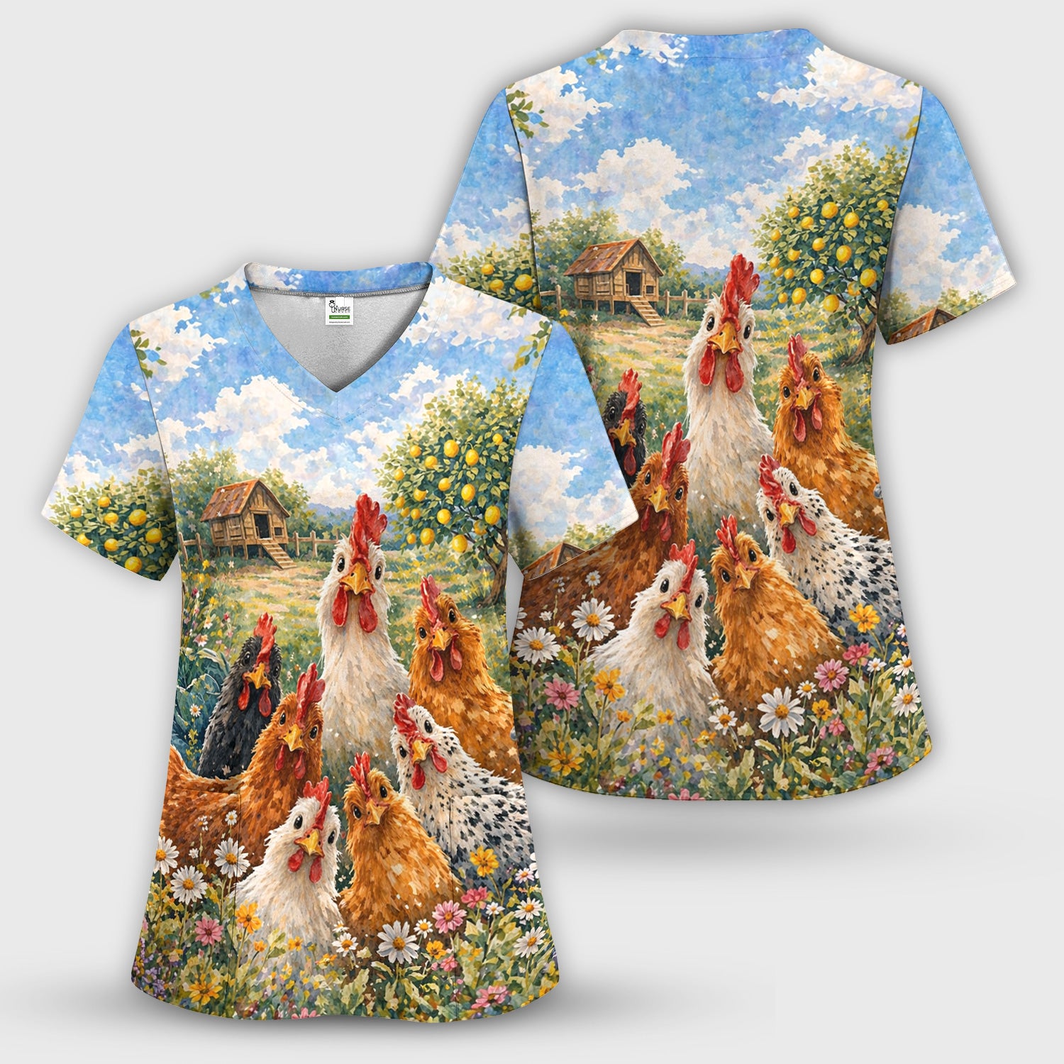 Rustic Chicken Family Farm Garden Pattern Nurse Scrub Top, Comfortable Scrubs for Nurses