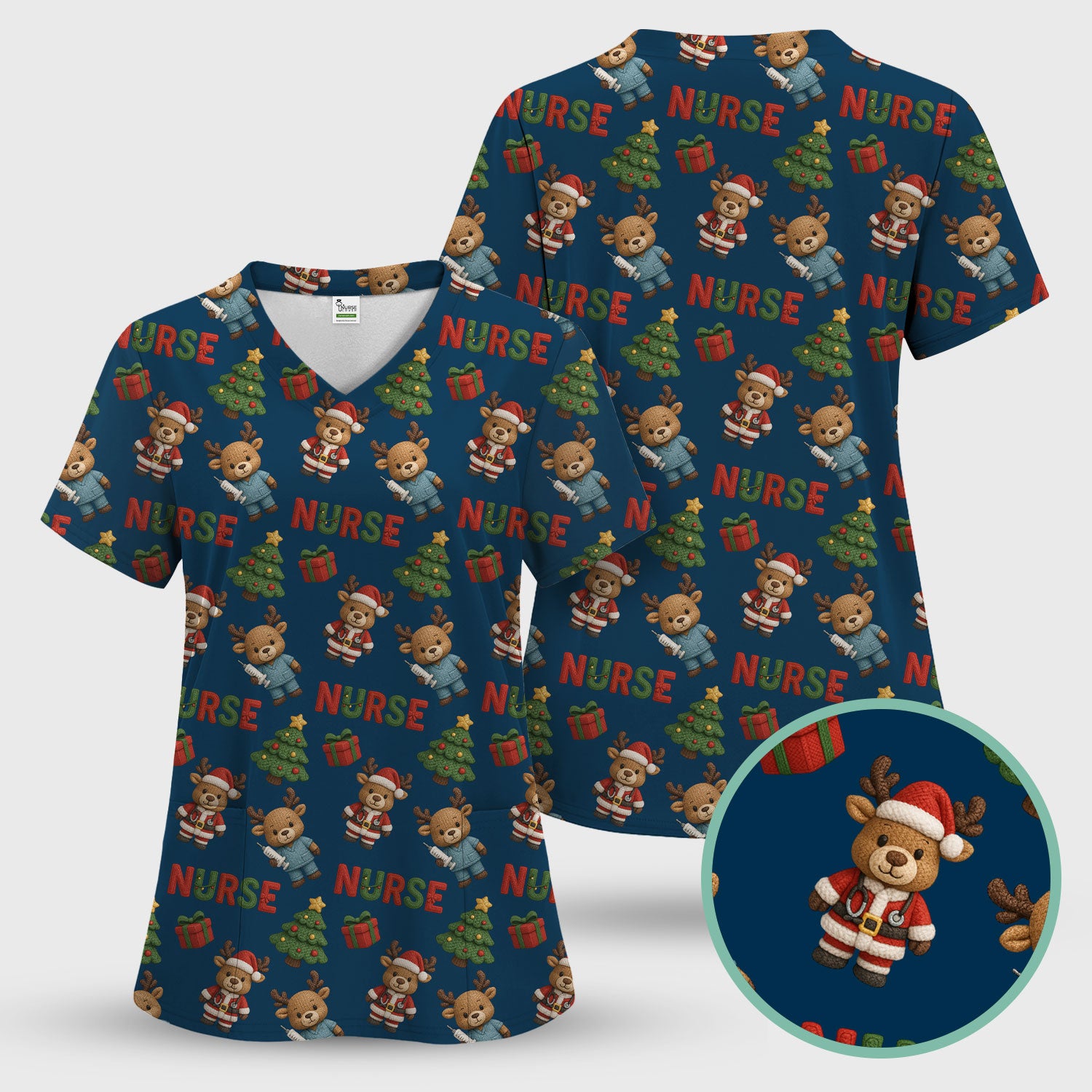 Reindeer Christmas Scrub Top, Cute Holiday Nurse Scrub Shirt, Festive Pattern Nursing Uniform