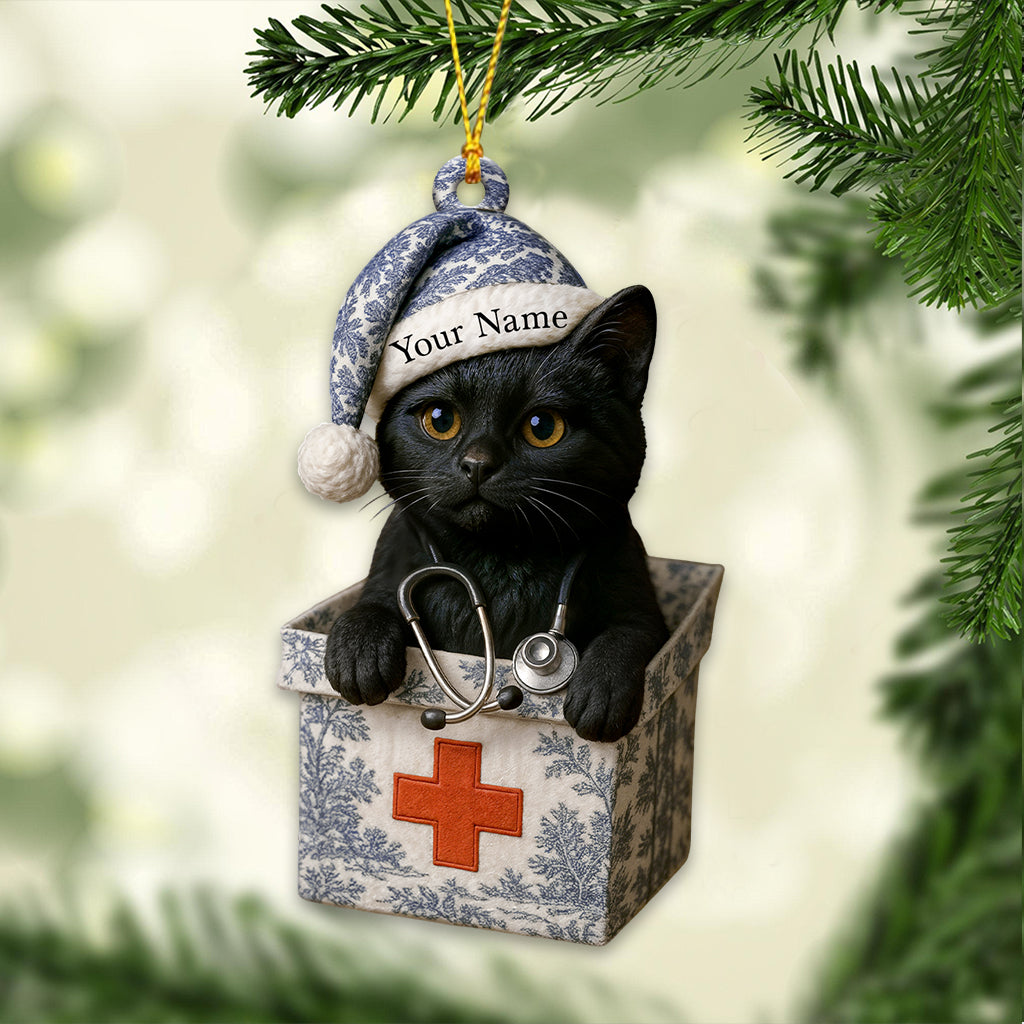 Personalized Black Cat Nurse Ornament, Custom Name Toile De Jouy Medical Decor, Christmas Healthcare Gift for Nursing