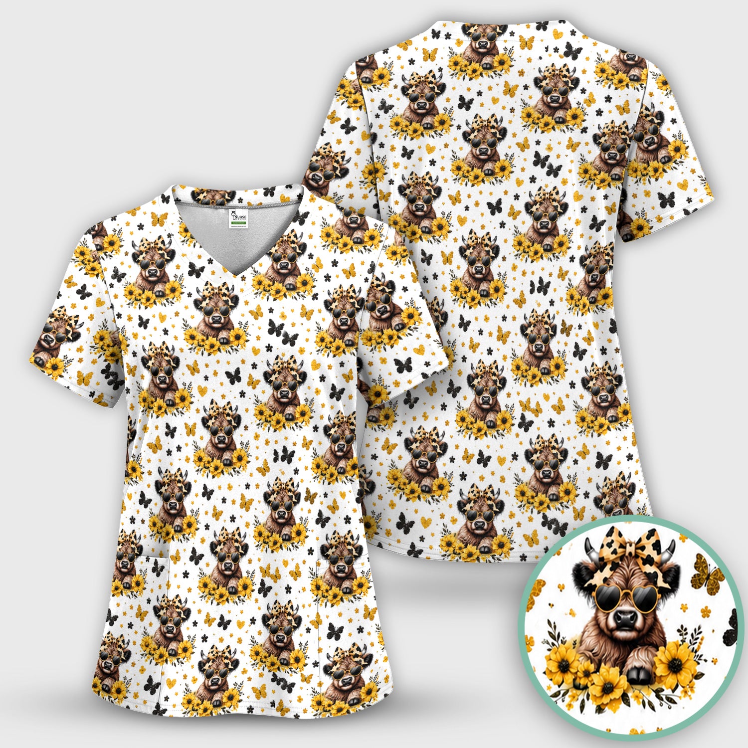 Cow With Sunflower Bow Pattern Scrub Top, Comfortable Scrubs for Nurses