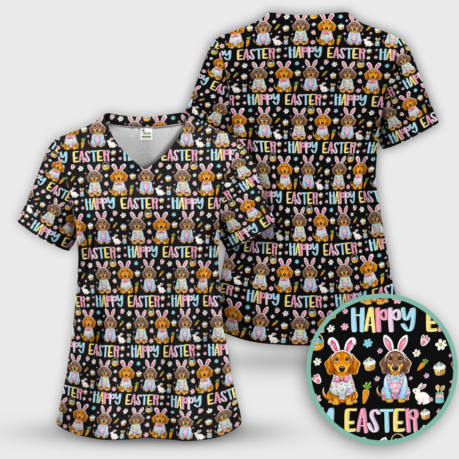 Happy Easter Dachshund Bunny Print Scrub Top, Comfortable Scrubs for Nurses