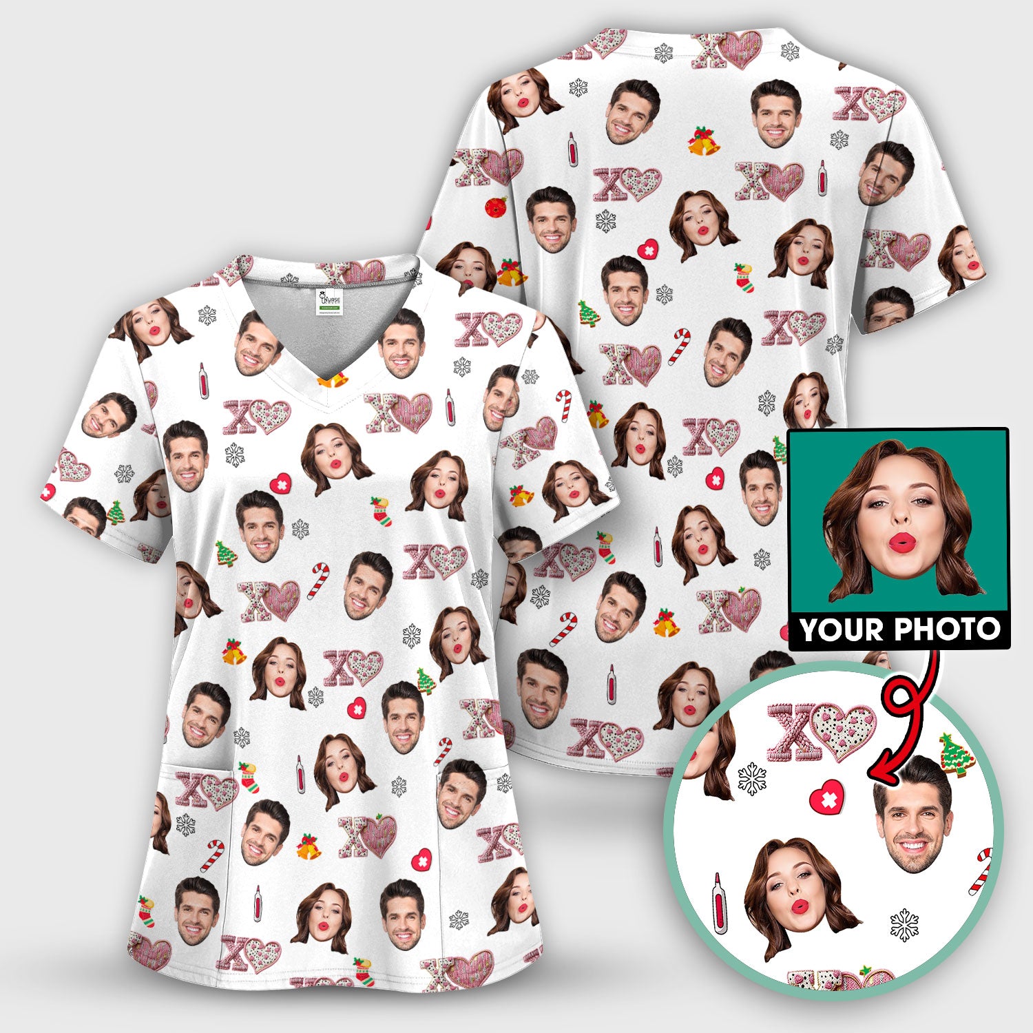 Custom Face Pattern XOXO Scrub Shirt, Personalized Photo Scrub Top, Breathable Fabrics Nursing Uniform