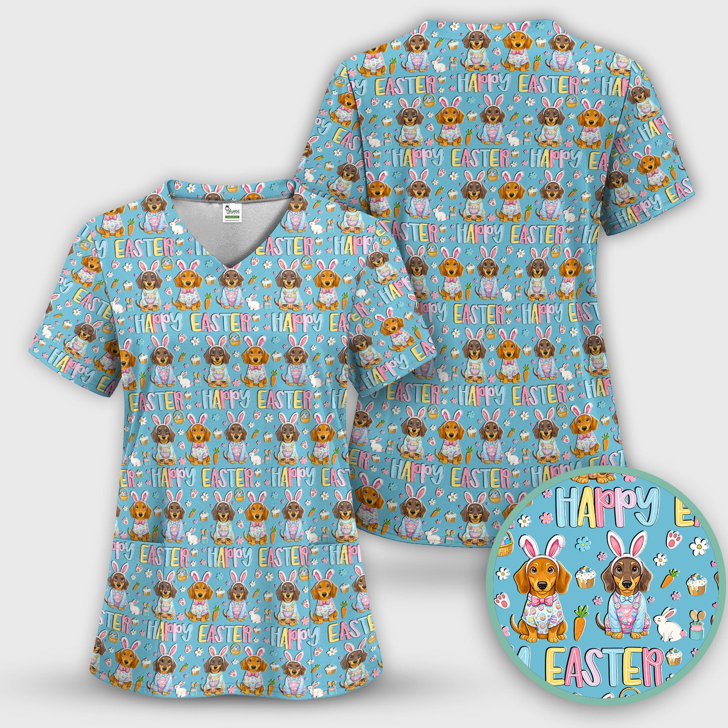 Happy Easter Dachshund Bunny Print Scrub Top, Comfortable Scrubs for Nurses