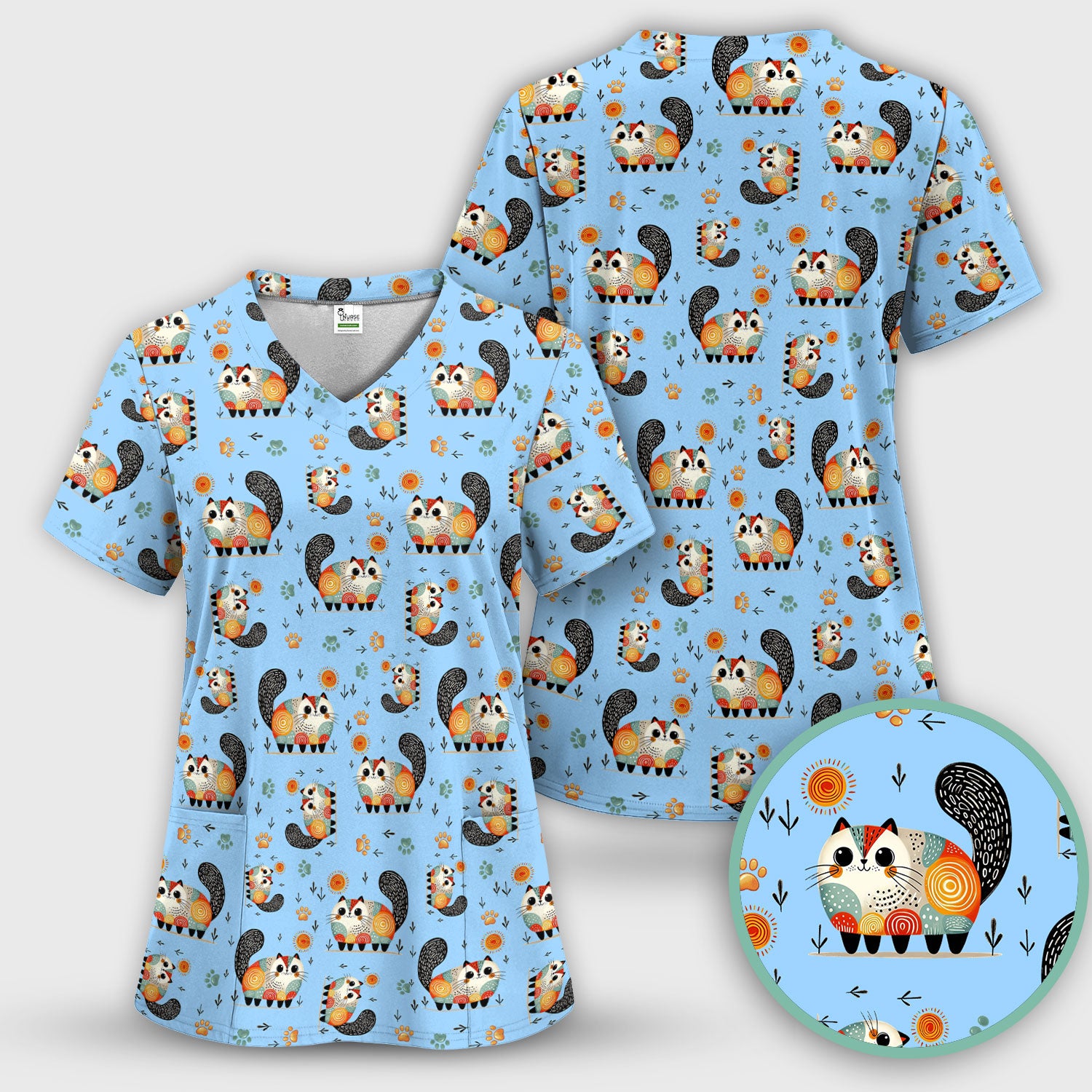Playful Cat Illustration Nurse Scrub Top, Comfortable Scrubs for Nurses