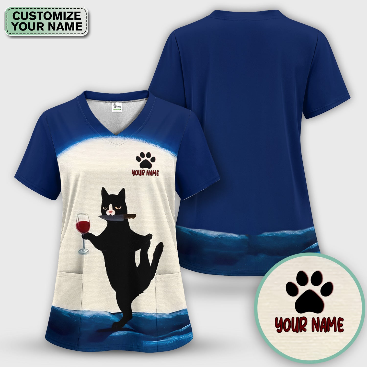 Personalized Funny Cat Holding Wine Glass Knife Pose Pattern Scrub Top, Comfortable Scrubs for Nurses