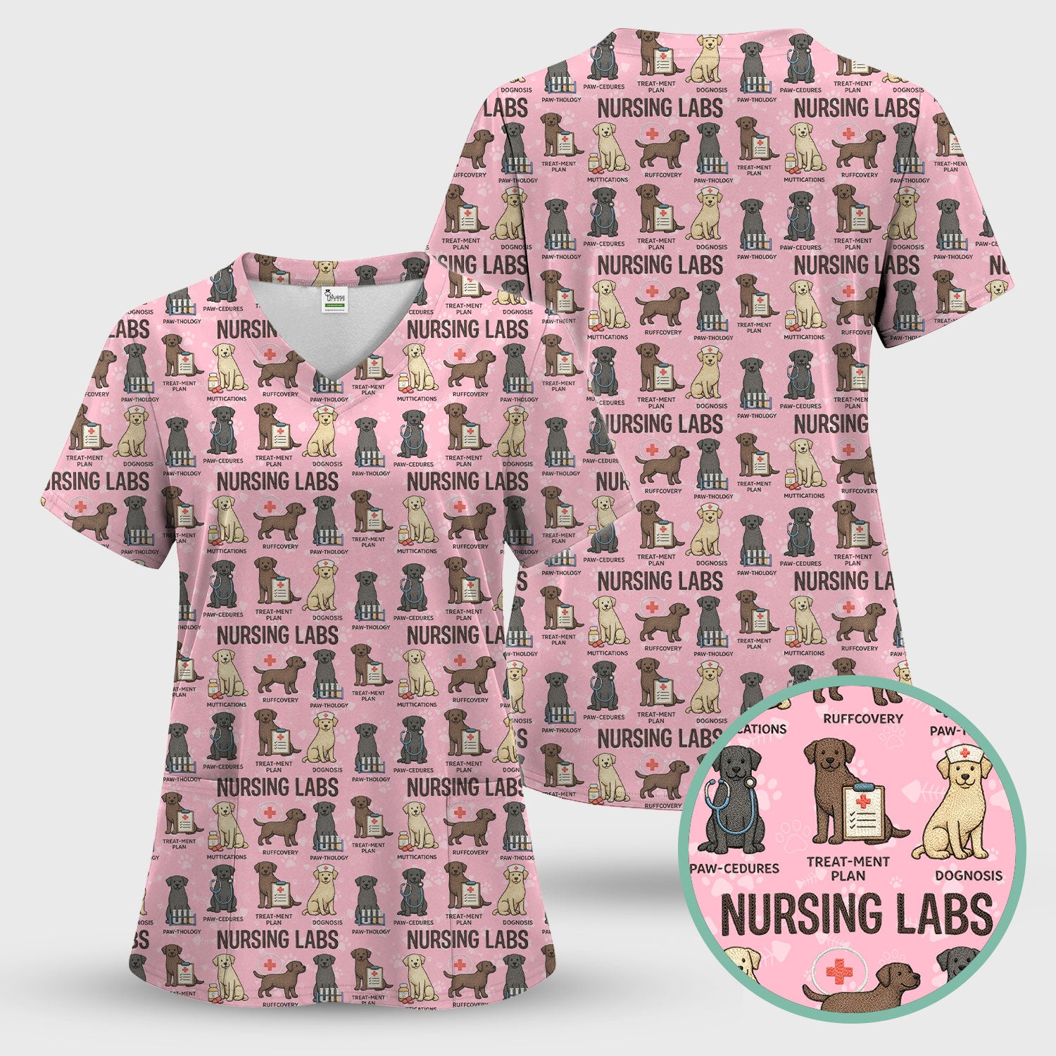 Playful Nursing Labs Dog Pattern Scrub Top, Comfortable Scrubs for Nurses