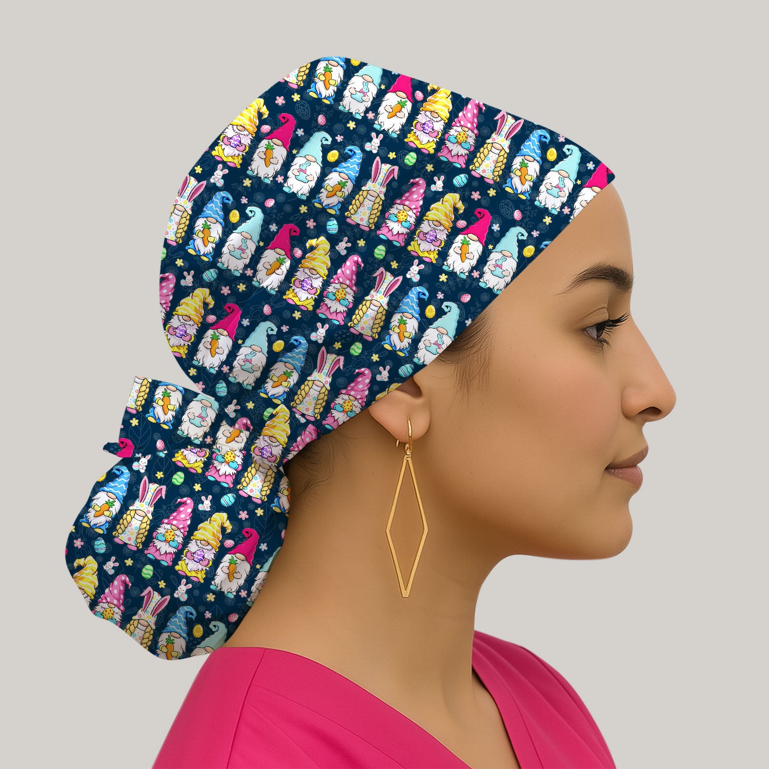 Colorful Easter Gnome Bunny Eggs Pattern Cap, Bouffant Scrub Caps for Women
