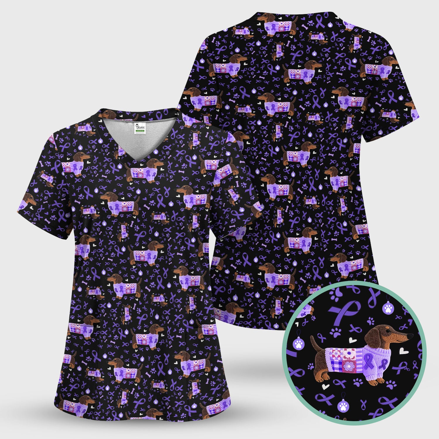 Purple Ribbon Dachshund Scrub Top for Nurses - Cute Awareness Dog Paw Prints - Support Lupus Cancer Med Uniform Gift for Women