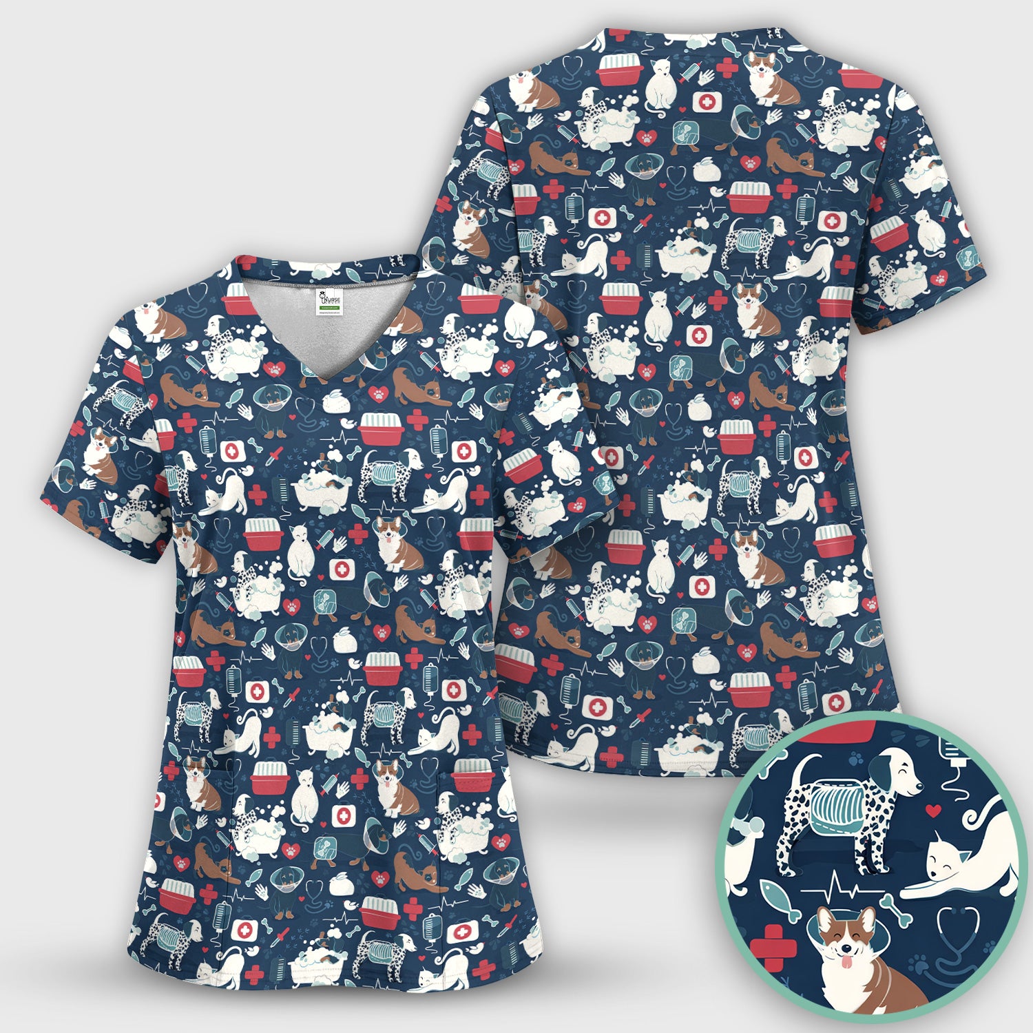 Dogs With Veterinary Tools And Paw Print Scrub Set, Breathable Med Uniform
