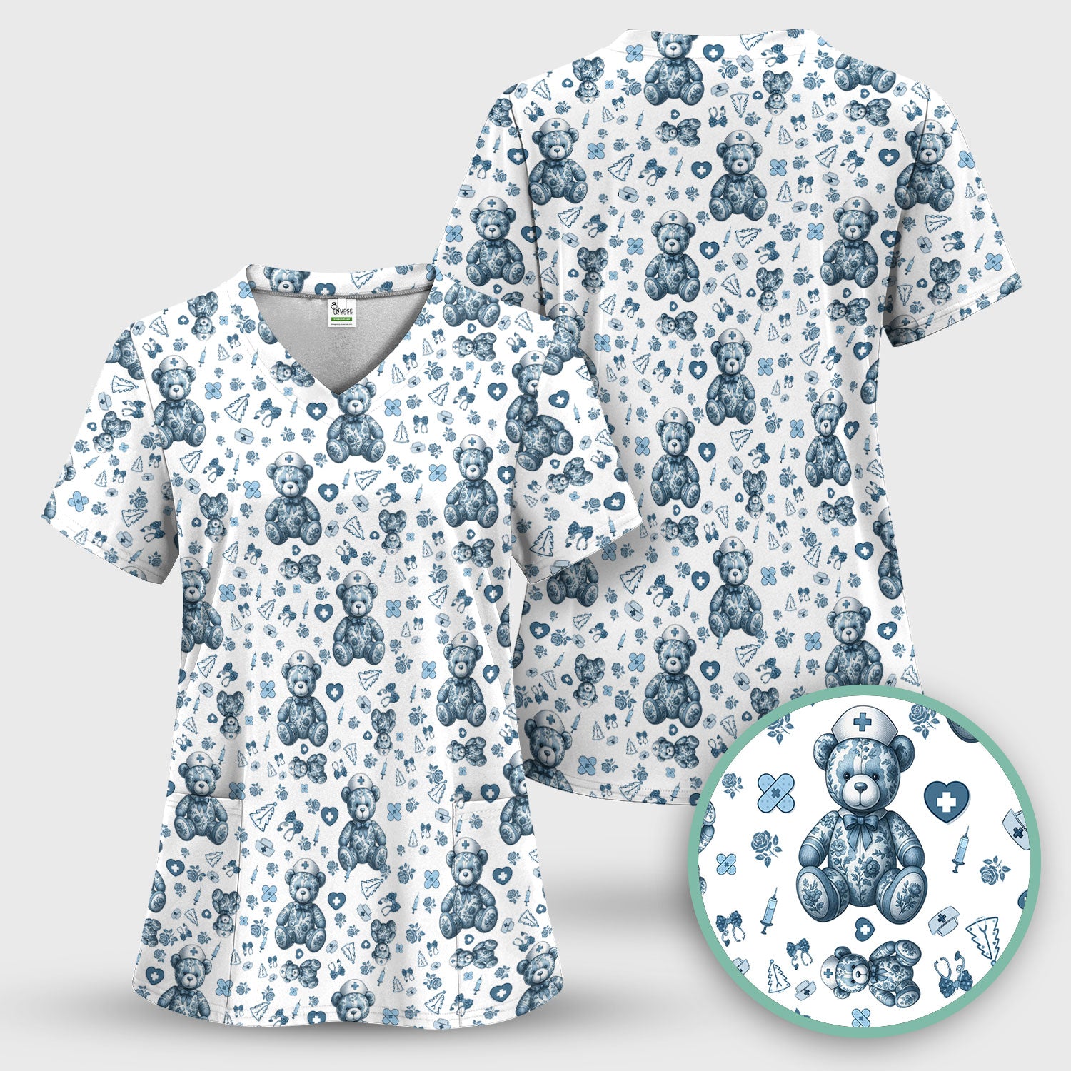 Toile Teddy Bear Nurse Scrub Top - Elegant Blue Toile de Jouy Pattern Medical Shirt for Women - Cute Vintage Nursing Uniform Gift
