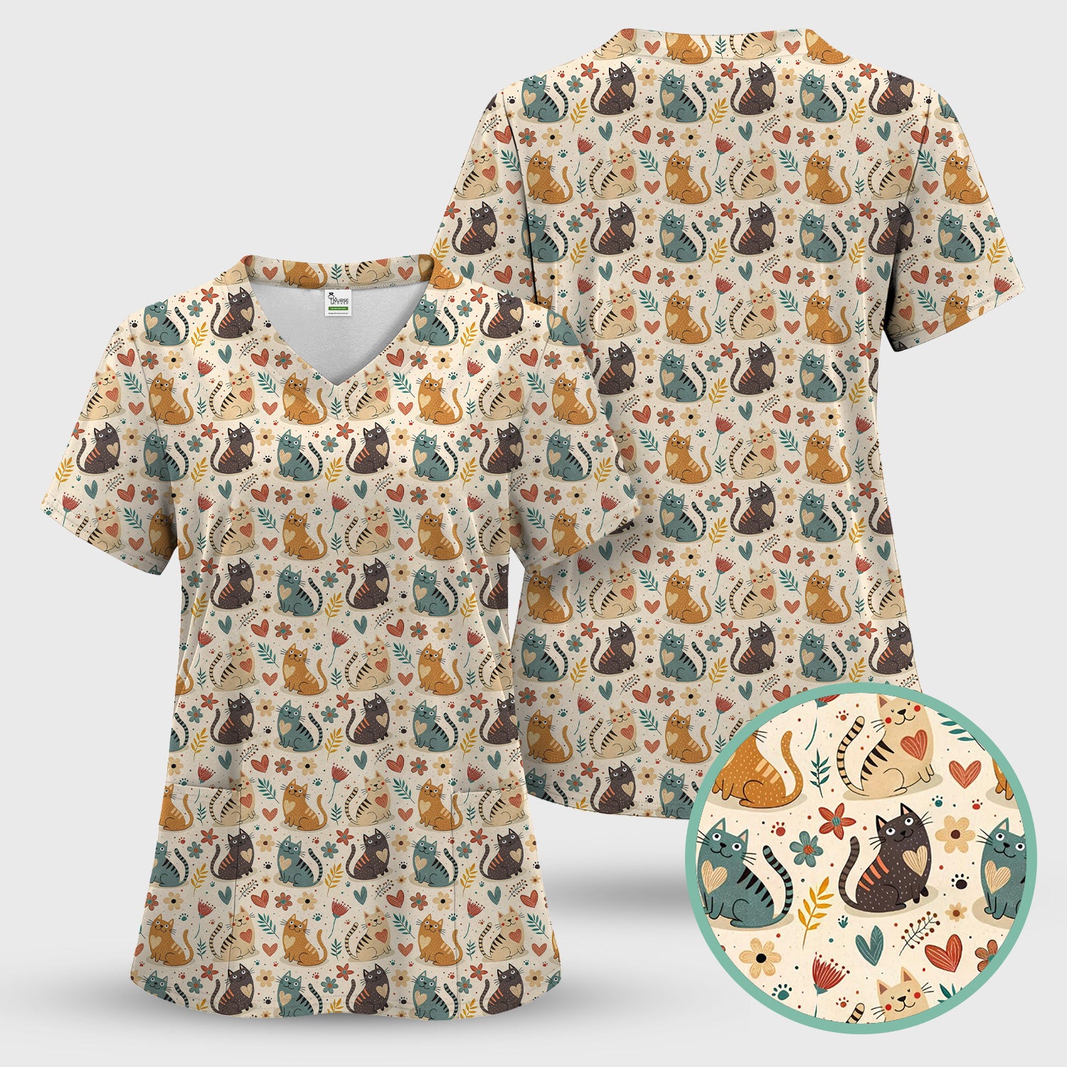 Cute Kitty Print V Neck Scrub Set for Nurses, Floral Medical Uniform