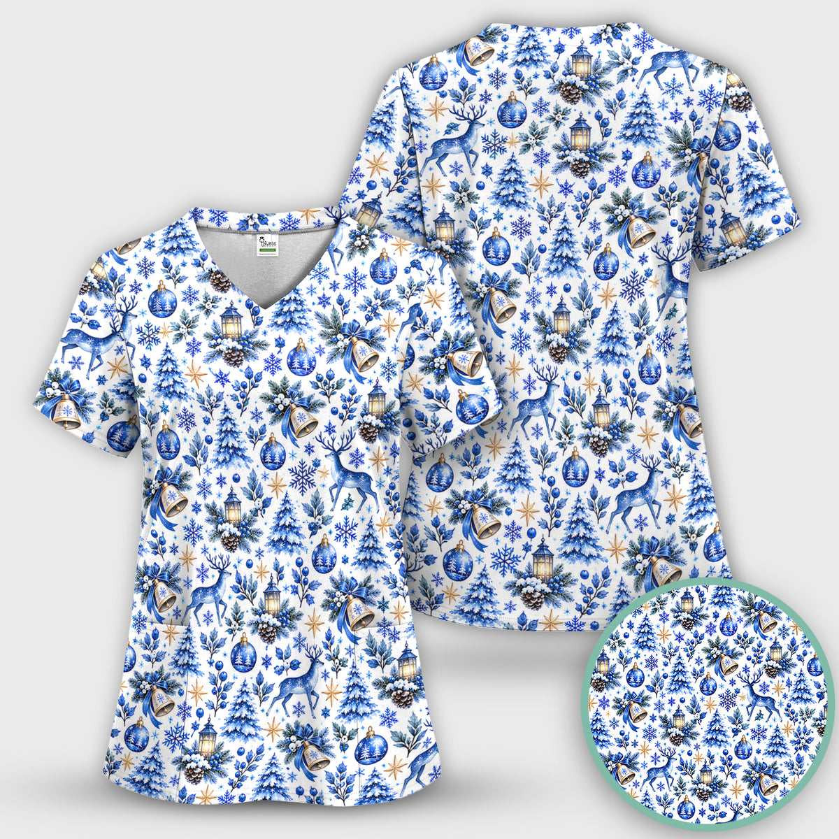 Blue Christmas Reindeer And Winter Trees Scrub Set, Scrub Pants and V Neck Top