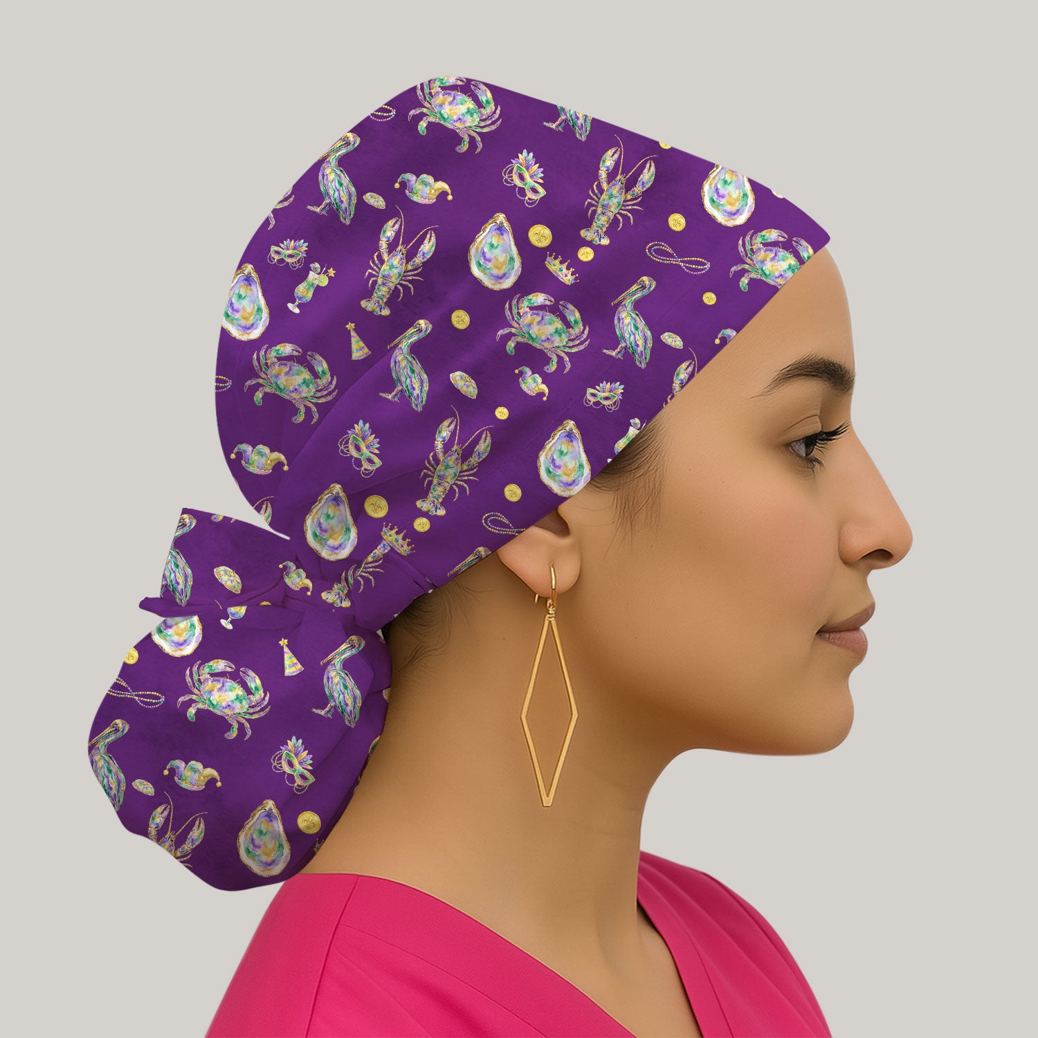 Mardi Gras Seafood Nurse Scrub Cap, Comfortable Uniform Scrubs For Nursing