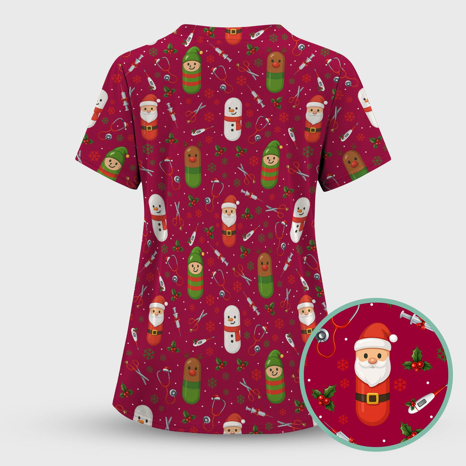 Santa Christmas Scrubs Set - Fun Holiday Pattern with Reindeer and Snowman - Cute Medical Scrub Top and Pants for Nurses