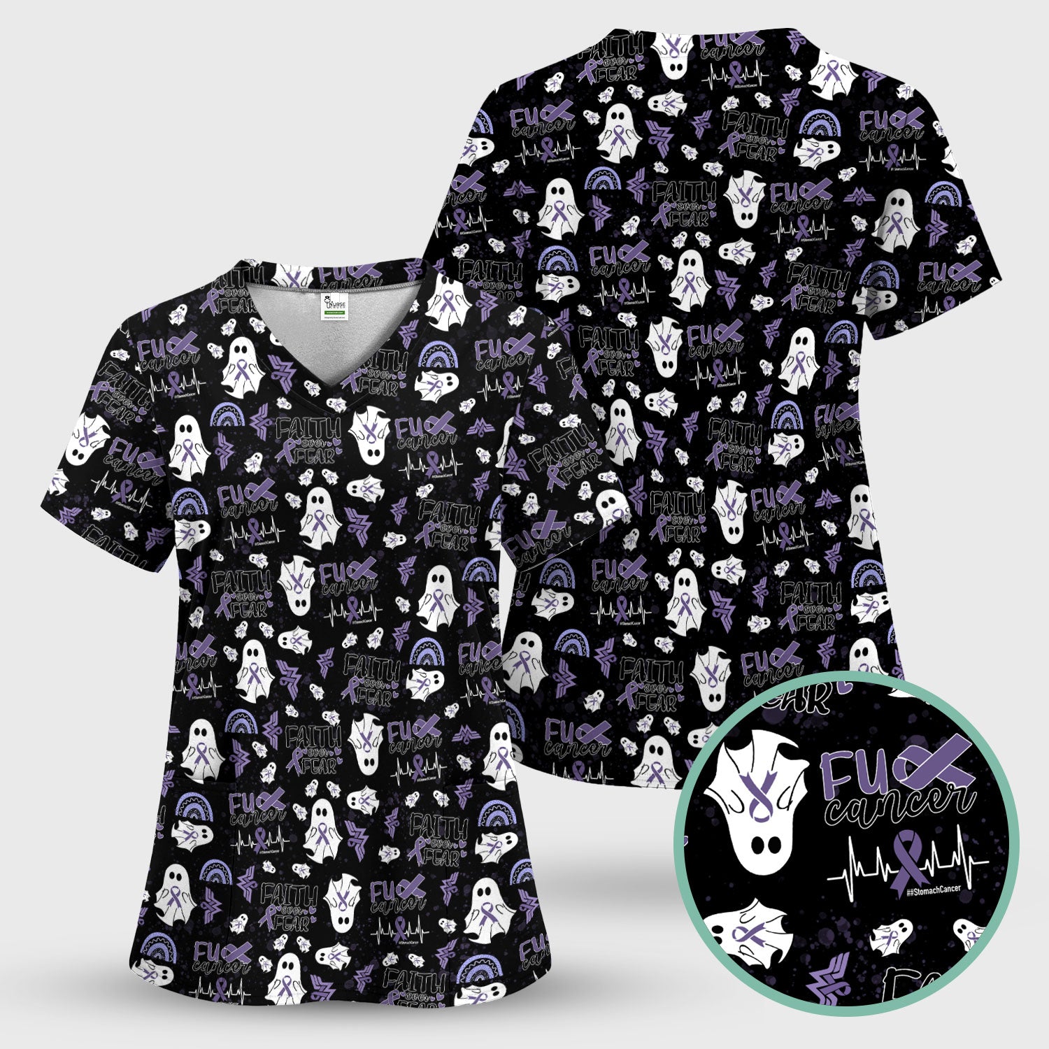 Stomach Cancer Awareness Scrub Top - Periwinkle Blue Ribbon Survivor Shirt - November Warrior Medical Uniform Gift for Women