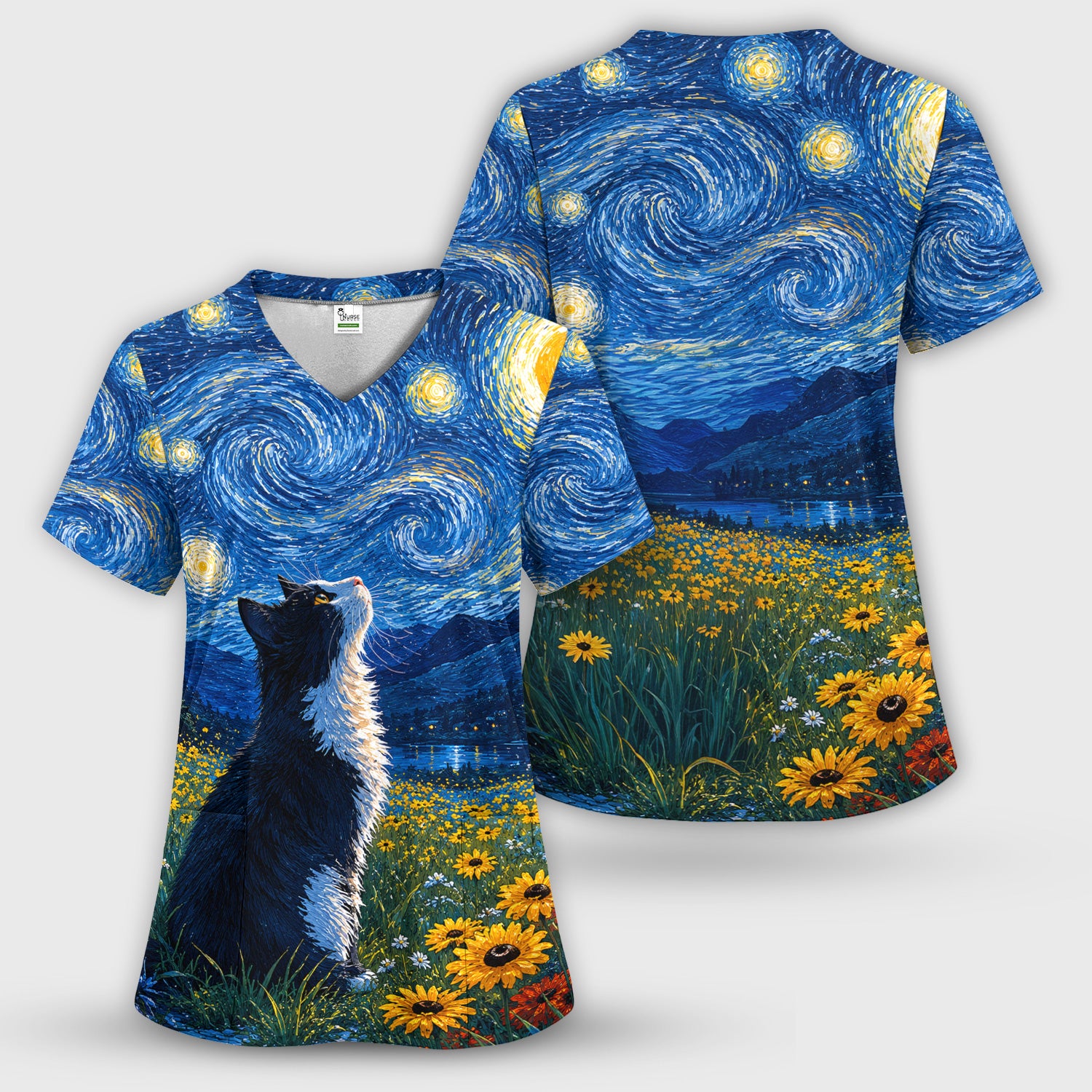 Starry Cat Night Veterinary Nurse Pattern Scrub Set, Scrub Pants and V Neck Top