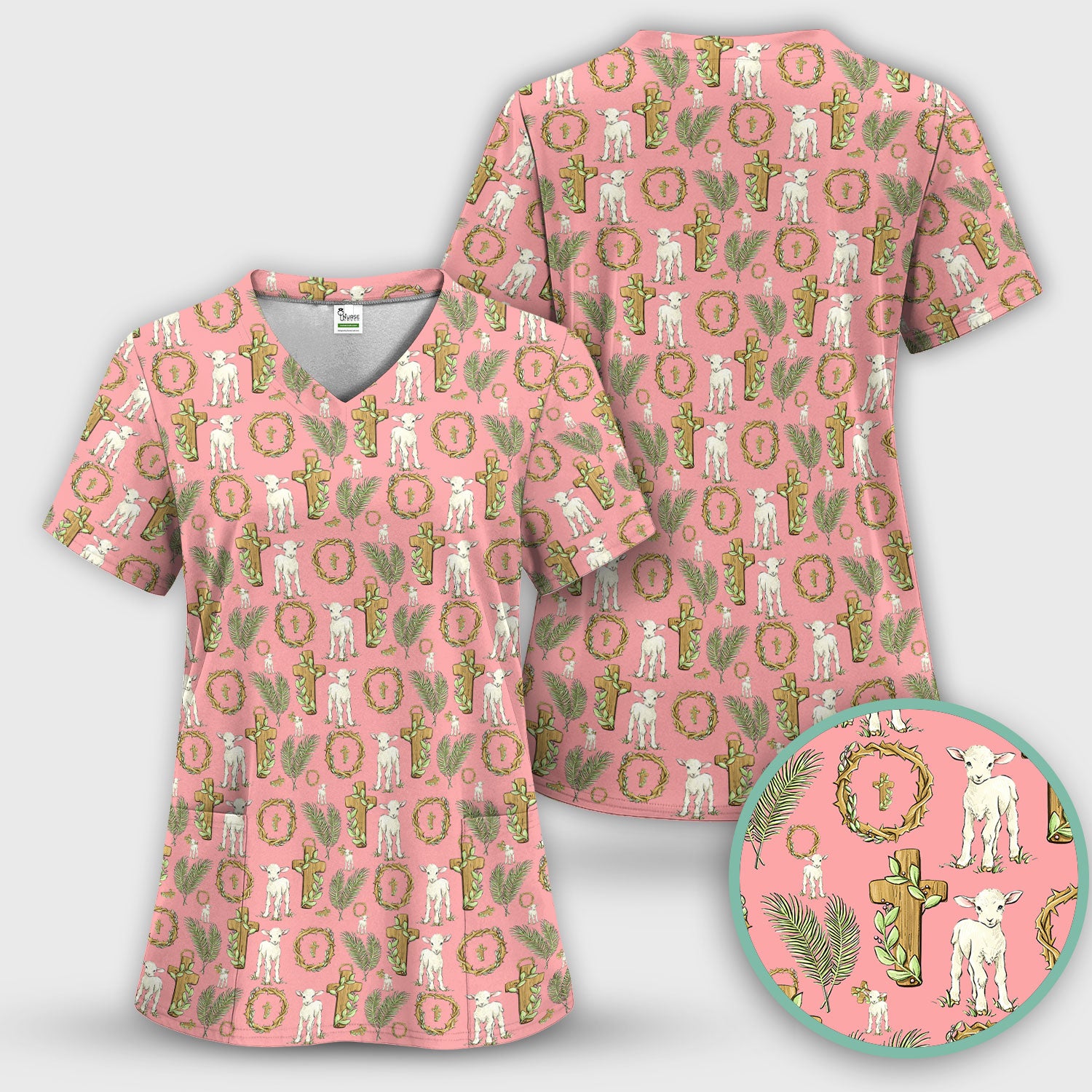 Faith Lamb Cross Pattern Scrub Top, Comfortable Scrubs for Nurses