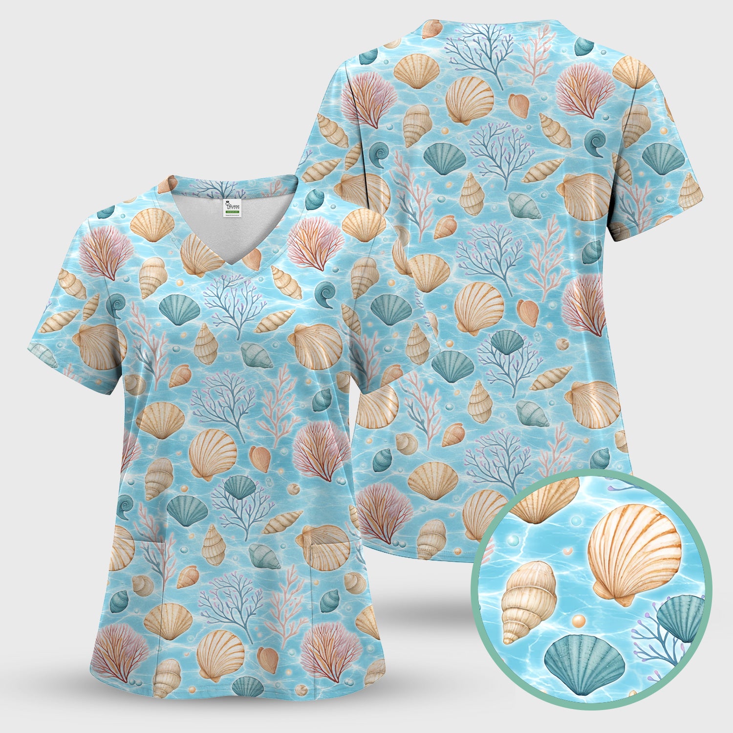 Cute Nurse Coastal Seashell And Coral Reef Scrub Set, Scrub Pants and V Neck Top