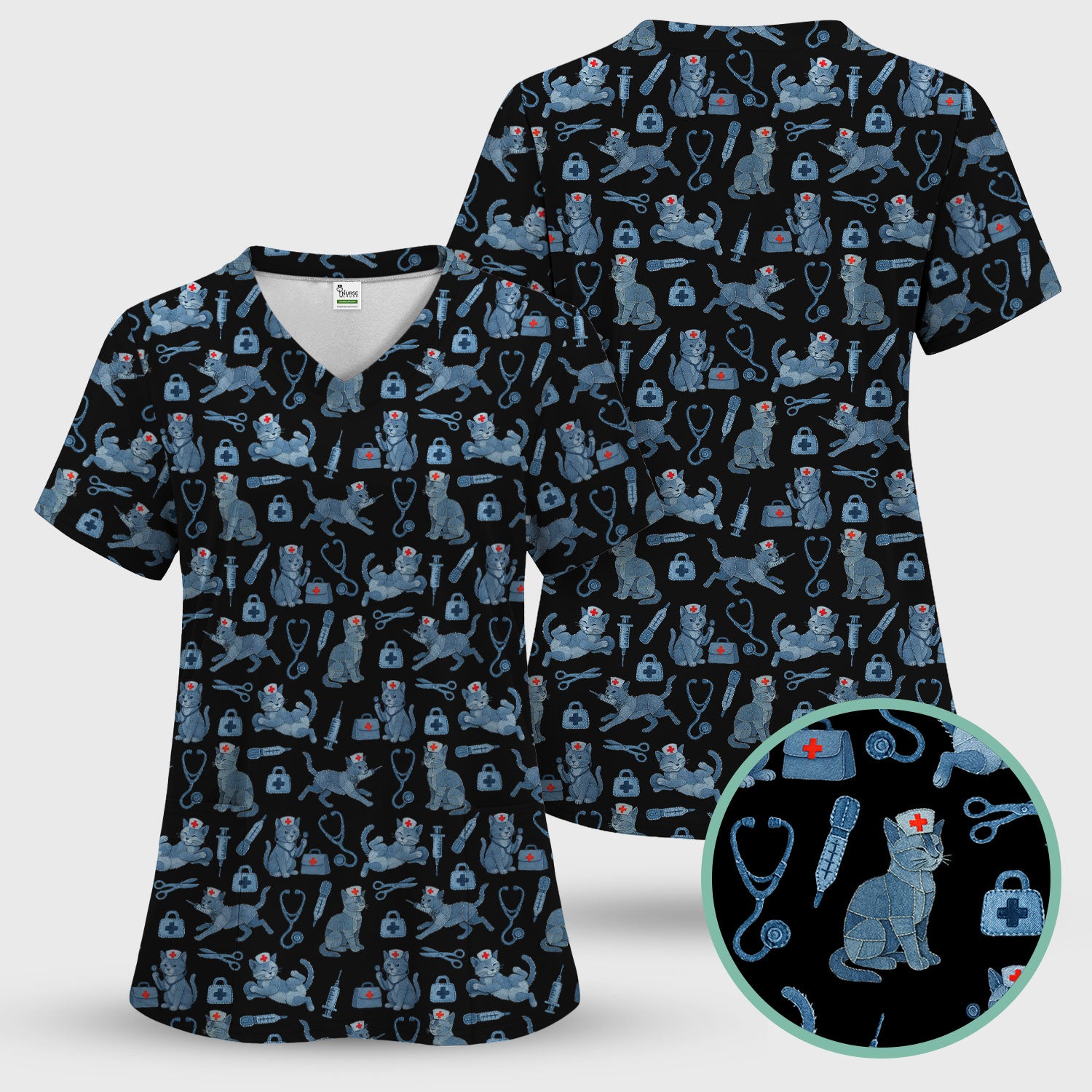 Cute Cat Scrubs for Women - Funny Kitty Pattern Scrub Top & Pants - Playful Nurse Scrubs with Charming Cat Print for Healthcare Workers