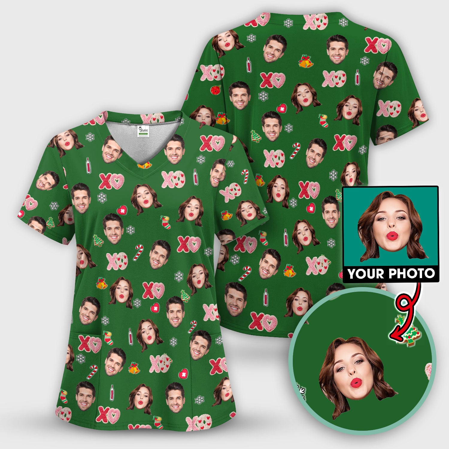 Personalized Photo Scrub Top, Custom Face XOXO Scrub Shirt, Breathable Fabrics Nursing Uniform