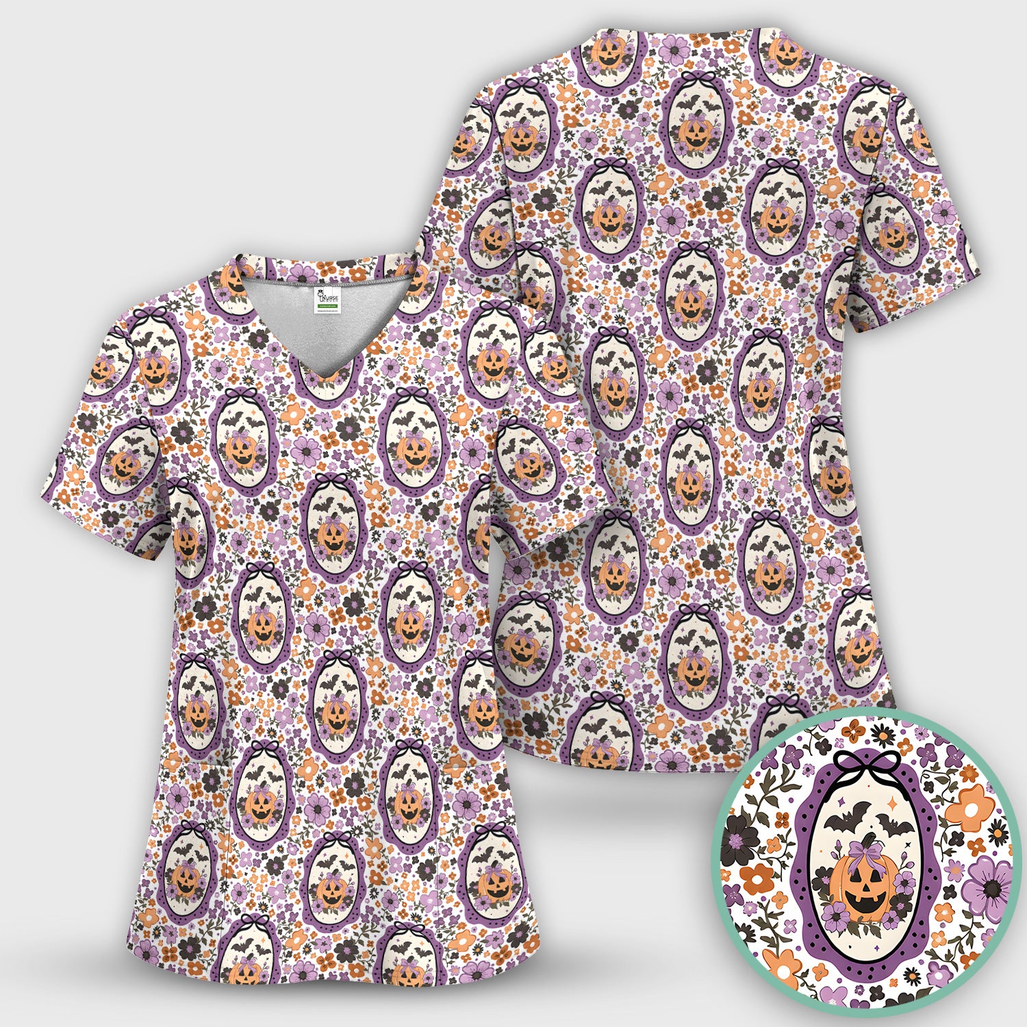 Halloween Pumpkin with Floral Print Scrub Set, Scrub Pants and V Neck Top