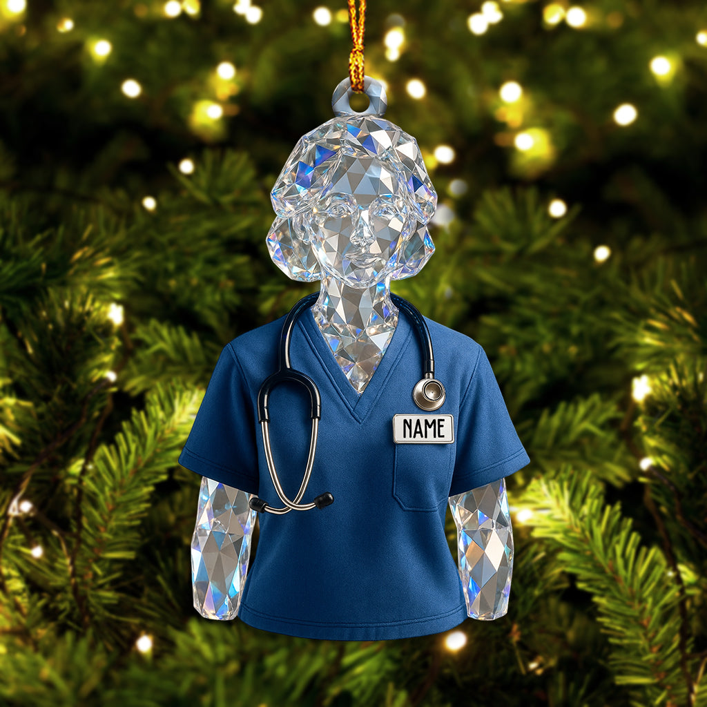 Personalized Crystal Nurse Ornament – Custom Name Medical Scrub Decor, Sparkling Healthcare Xmas Gift for Nursing