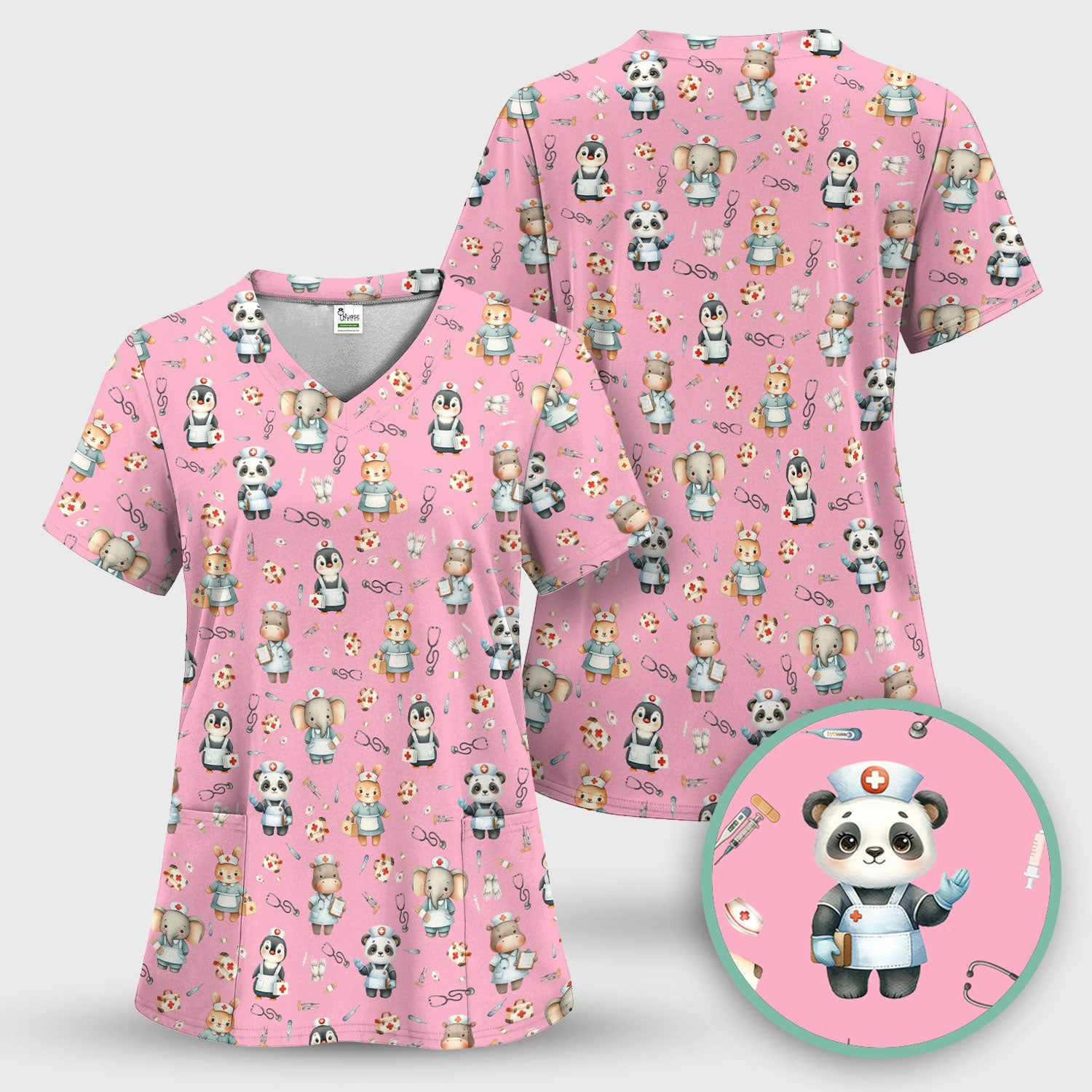 Cute Animal Scrub Top for Women - Panda Bunny Penguin Print Med Uniform - Comfortable Pastel Scrubs for Nurses