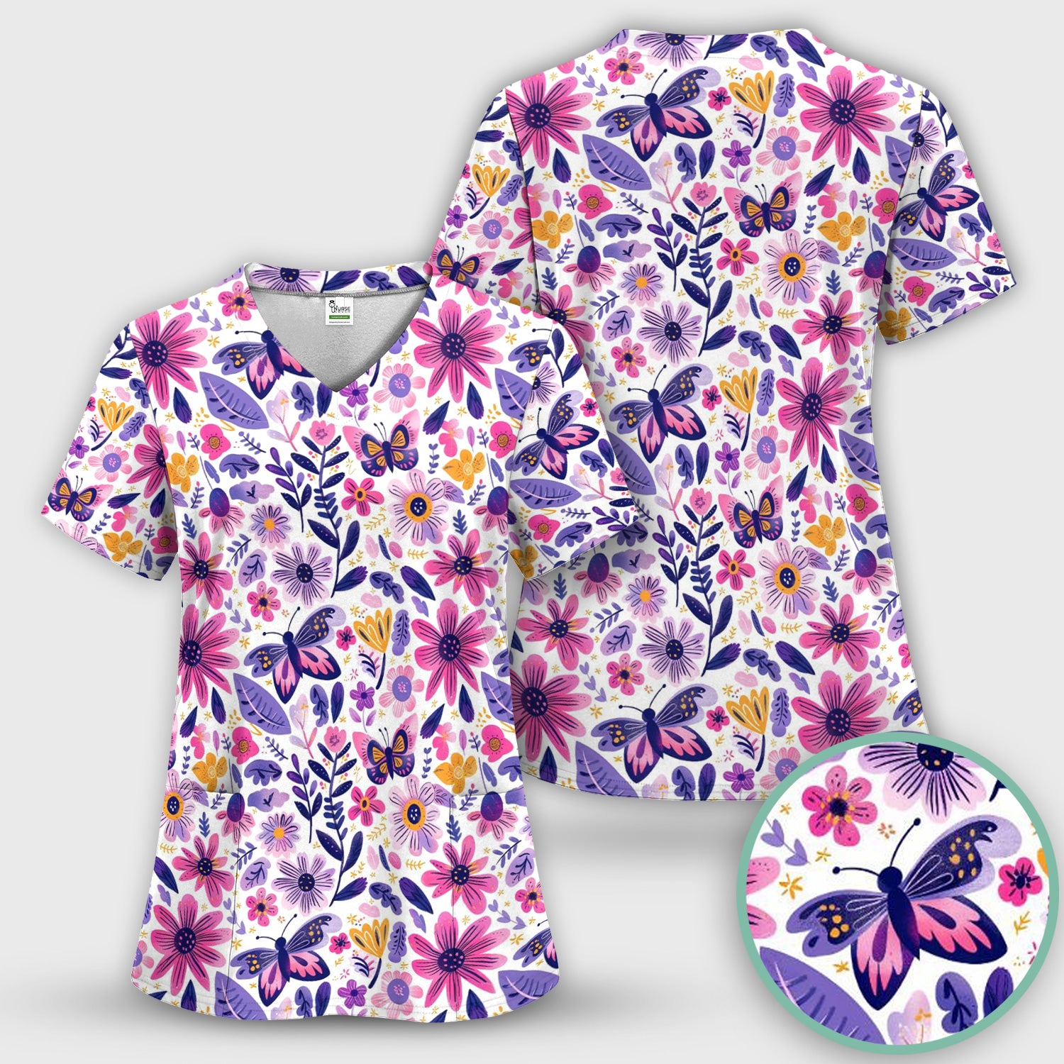 Cute Butterfly Wildflower Garden Pattern Scrub Top, Comfortable Scrubs for Nurses