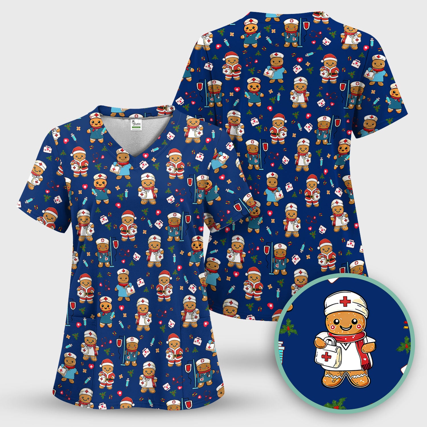 Elf Gingerbread Man Nurse Scrub Top - Santa’s Favorite Nurse Holiday Medical Uniform RN LPN CNA Gift